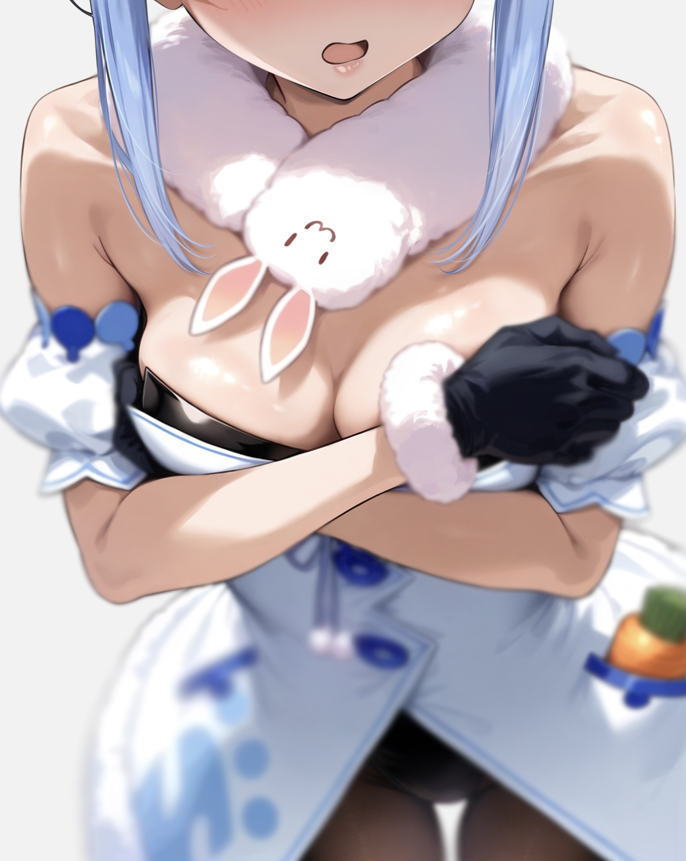 nyarurato0debu, don-chan (usada pekora), usada pekora, usada pekora (1st costume), hololive, commentary, highres, 1girl, alternate breast size (larger), bare shoulders, black gloves, black leotard, black pantyhose, blue hair, blurry, breasts, cleavage, coat, coat dress, covering breasts, covering privates, crossed arms, depth of field, detached sleeves, dress, fur-trimmed coat, fur-trimmed gloves, fur scarf, fur trim, gloves, grey background, head out of frame, large breasts, leotard, leotard under clothes, open mouth, pantyhose, playboy bunny, puffy detached sleeves, puffy short sleeves, puffy sleeves, scarf, short sleeves, sidelocks, simple background, solo, strapless, strapless leotard, virtual youtuber, white coat, white scarf, white sleeves