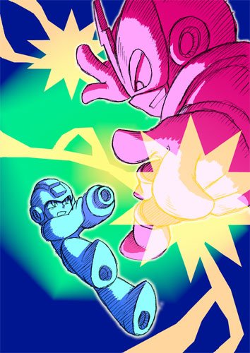 elec man, mega man (character), capcom, mega man (classic), mega man (series), mega man 1, arm cannon, battle, electricity, helmet, joints, jumped, looking at another, mask, no humans, robot, robot ears, robot joints, serious, weapon