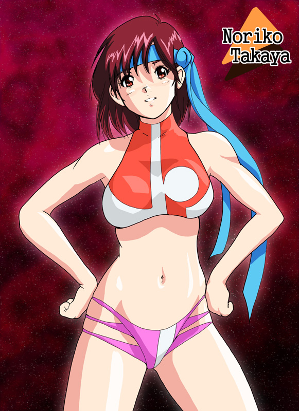 shu-z, takaya noriko, top wo nerae!, top wo nerae! (series), 1girl, adapted costume, breasts, brown eyes, brown hair, character name, female focus, hands on own hips, headband, midriff, navel, short hair, small breasts, solo, space, star (sky)