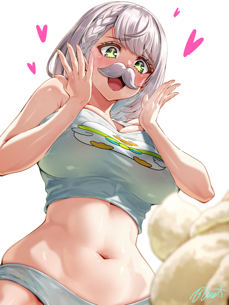buru-dai, shirogane noel, subatomo (big), hololive, commentary request, + +, 1girl, blush, braid, breasts, character print, crop top, fake facial hair, fake mustache, green eyes, grey hair, hands up, heart, large breasts, navel, no pants, open mouth, panties, print tank top, short hair, side braid, simple background, solo, stomach, tank top, underwear, virtual youtuber, white background, white panties, white tank top