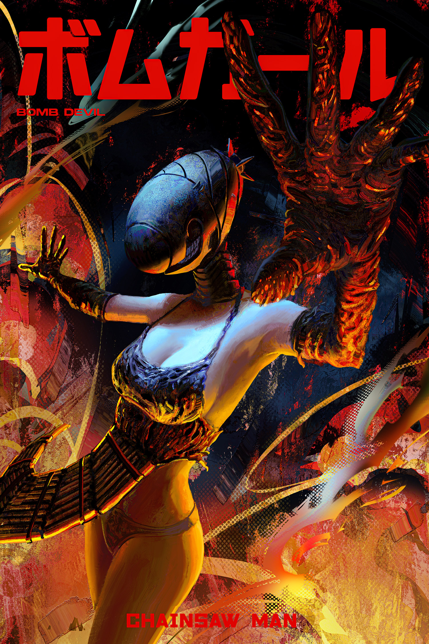 flowersbloodart, bomb devil (chainsaw man), chainsaw man, highres, 1girl, apron, black apron, black gloves, breasts, character name, copyright name, dynamite, elbow gloves, explosive, gloves, grey panties, large breasts, object head, outstretched arms, panties, solo, underwear