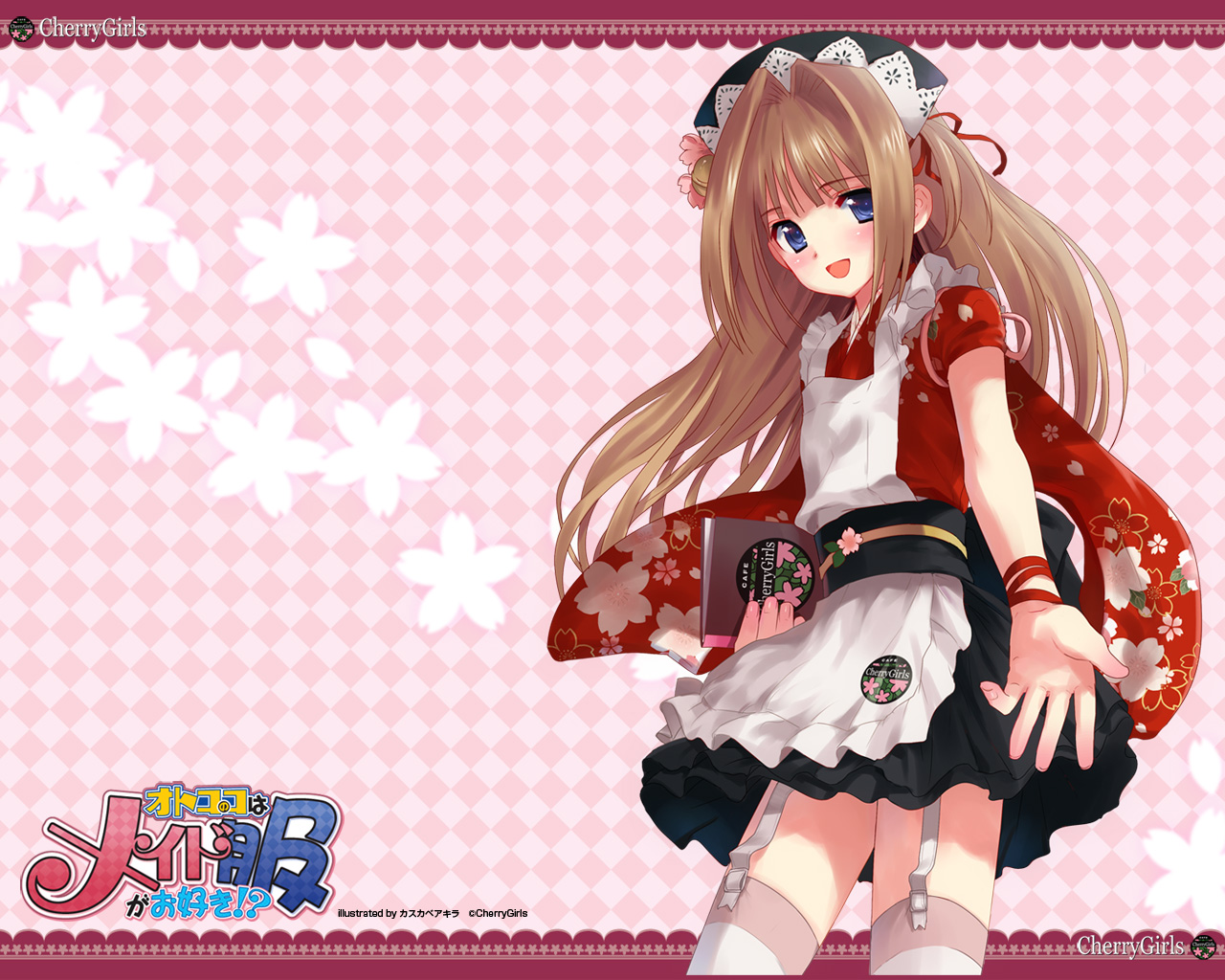 kasukabe akira, nao (otosuki), otoko no ko wa meido fuku ga osuki!?, 1boy, argyle background, argyle clothes, blue eyes, brown hair, crossdressing, crossdressing (mtf), garter belt, garter straps, long hair, looking at viewer, maid, male focus, male maid, open mouth, skirt, solo, thighhighs, trap, white thighhighs