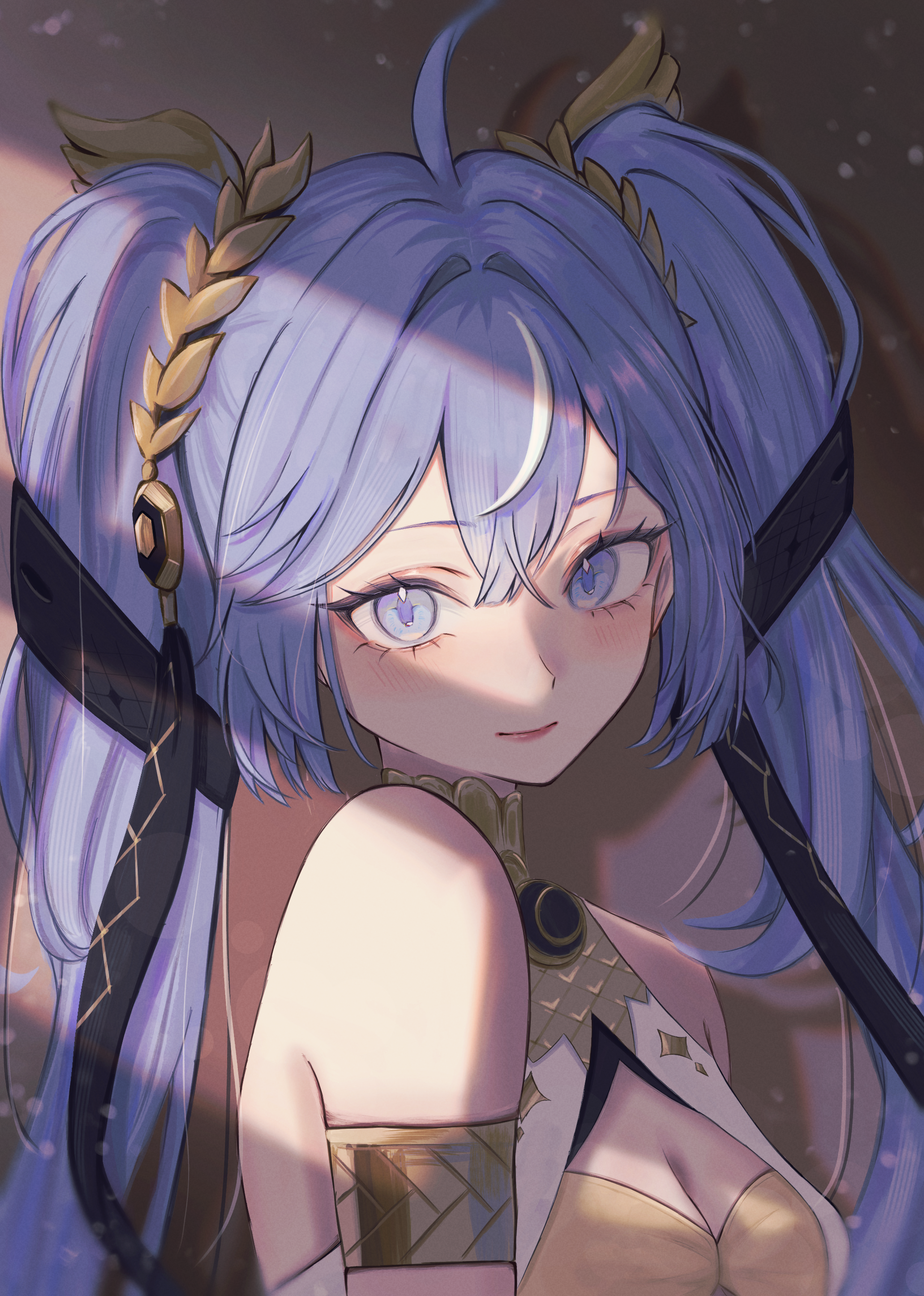 iuno (wuthering waves), wuthering waves, absurdres, commentary, highres, 0 tsunamayo 0, 1girl, ahoge, armlet, bare shoulders, blue eyes, blue hair, blush, breasts, cleavage, closed mouth, from side, gold bra, hair belt, jewelry, laurel crown, light blush, long hair, looking at viewer, looking to the side, medium breasts, multicolored hair, portrait, smile, solo, streaked hair, twintails