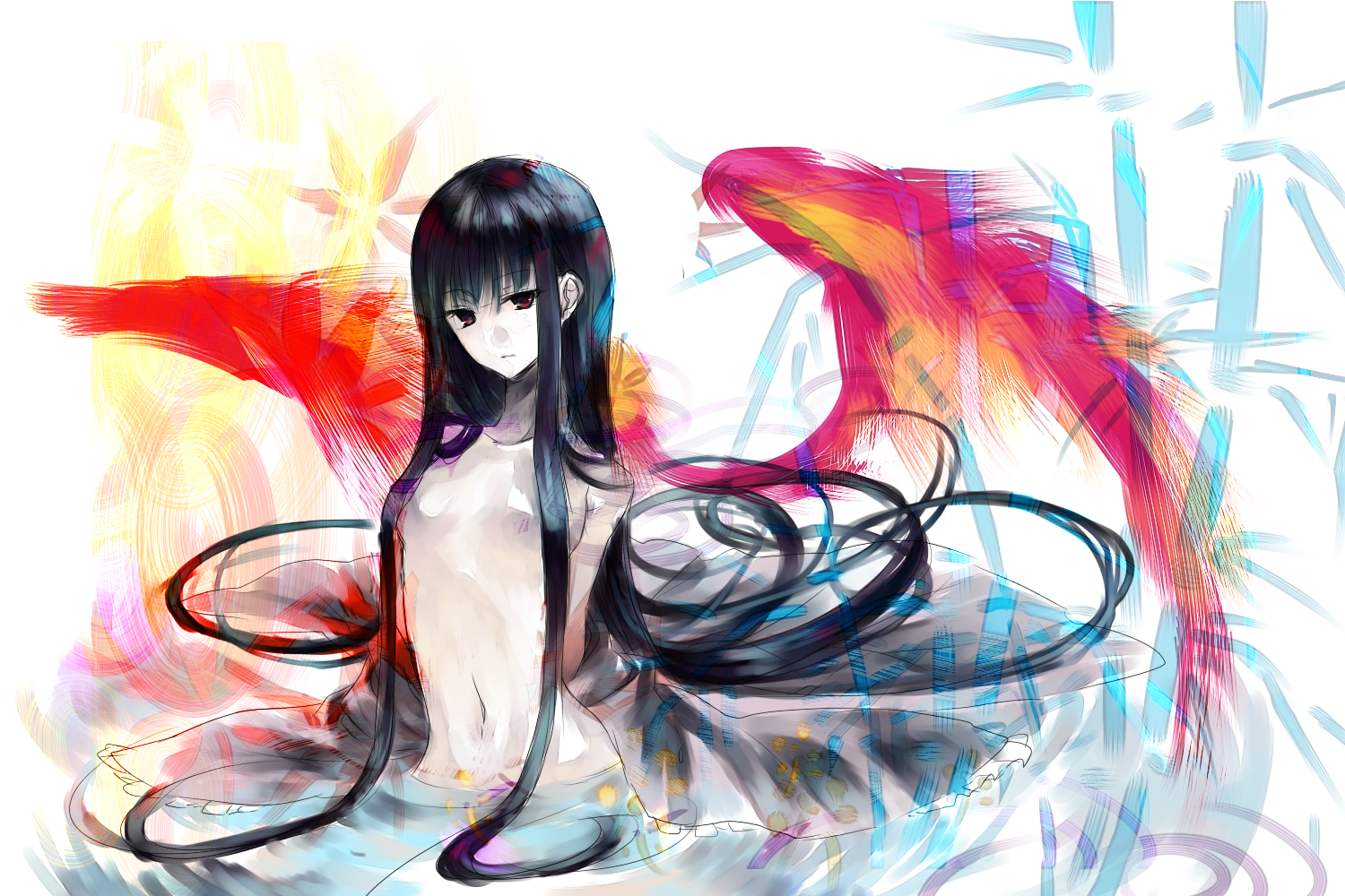 abaraya, mizutsuki, houraisan kaguya, touhou, bad id, bad pixiv id, 1girl, bamboo, black hair, censored, convenient censoring, female focus, fiery wings, hair censor, hair over breasts, long hair, looking at viewer, midriff, navel, off shoulder, open clothes, red eyes, sitting, solo, submerged, very long hair, water, wings