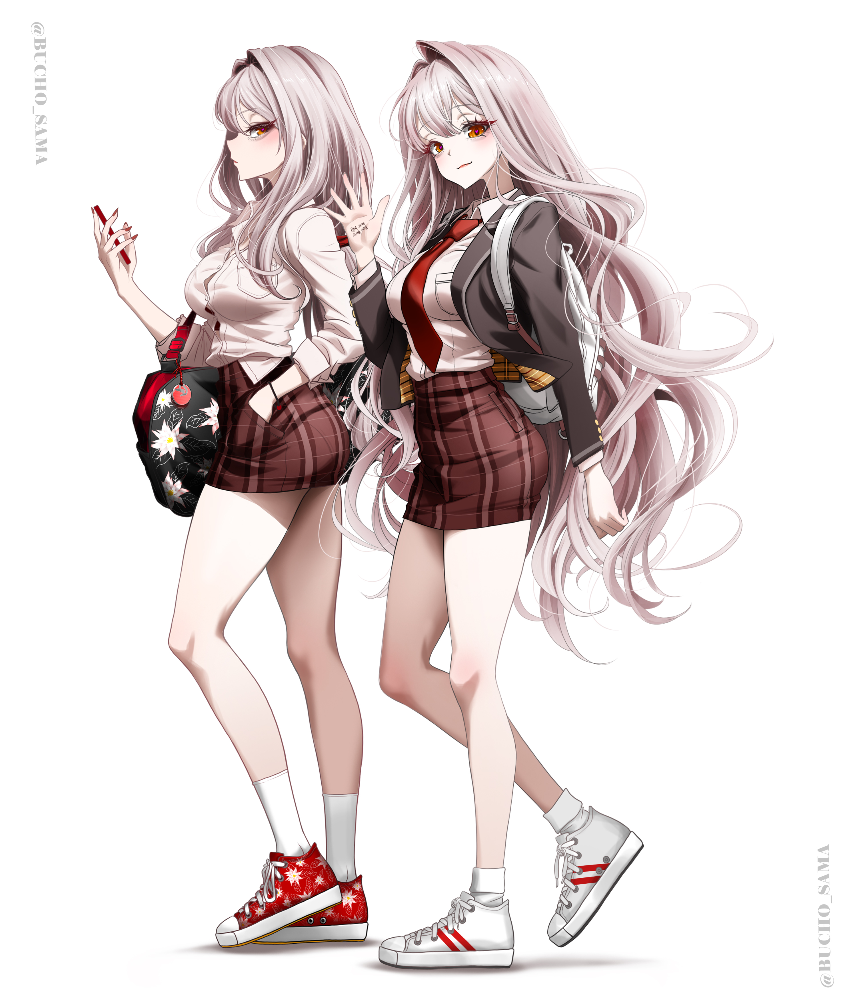 bucho sama, scarlet (nikke), goddess of victory: nikke, absurdres, highres, 1girl, alternate costume, bag, black bag, black jacket, blush, cellphone, collared shirt, from side, hand in pocket, holding, holding bag, holding phone, jacket, long hair, looking at viewer, miniskirt, necktie, open hand, phone, pink hair, plaid clothes, plaid skirt, red eyes, red necktie, red shoes, red skirt, shirt, shoes, skirt, sleeves rolled up, smartphone, sneakers, socks, tight clothes, white shirt, white shoes, white socks