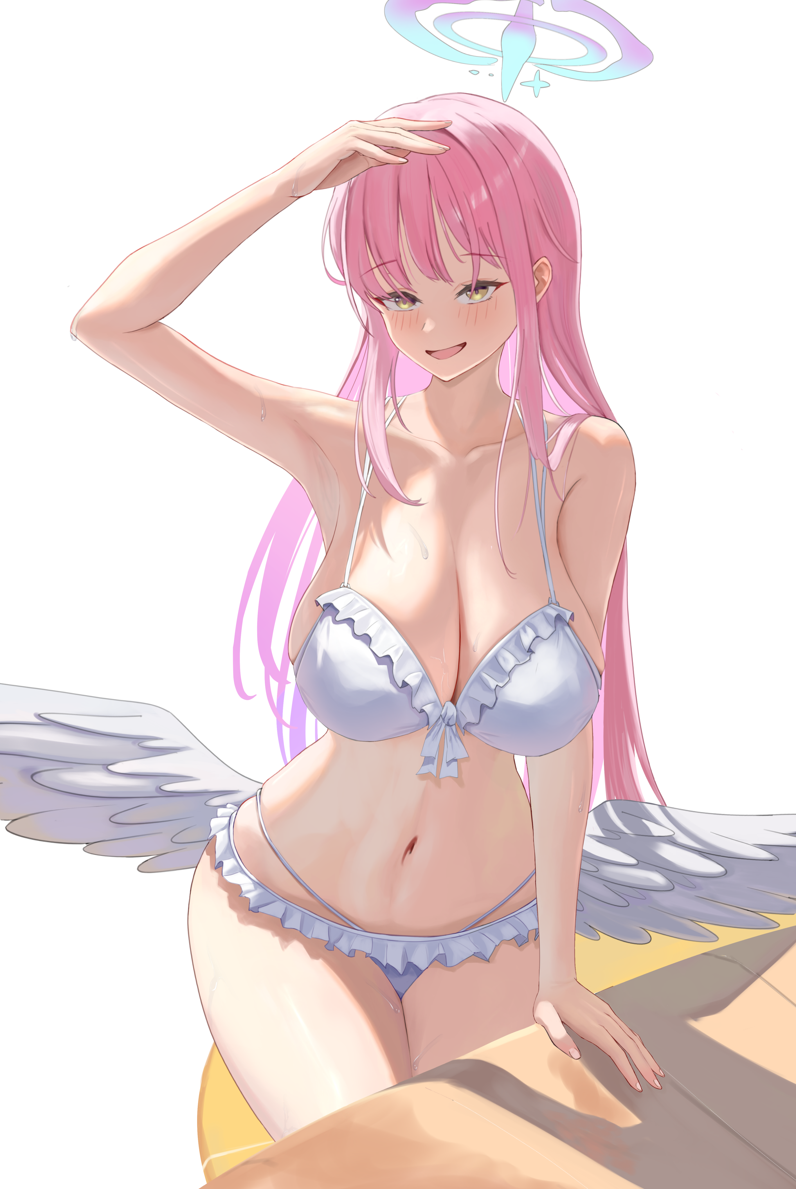 amiya (user rfpj5422), mika (blue archive), mika (swimsuit) (blue archive), blue archive, absurdres, highres, 1girl, angel wings, arm up, bikini, breasts, cleavage, collarbone, frilled bikini, frills, halo, large breasts, long hair, looking at viewer, low wings, navel, official alternate costume, official alternate hairstyle, pink hair, pink halo, solo, stomach, swimsuit, white bikini, white wings, wings, yellow eyes