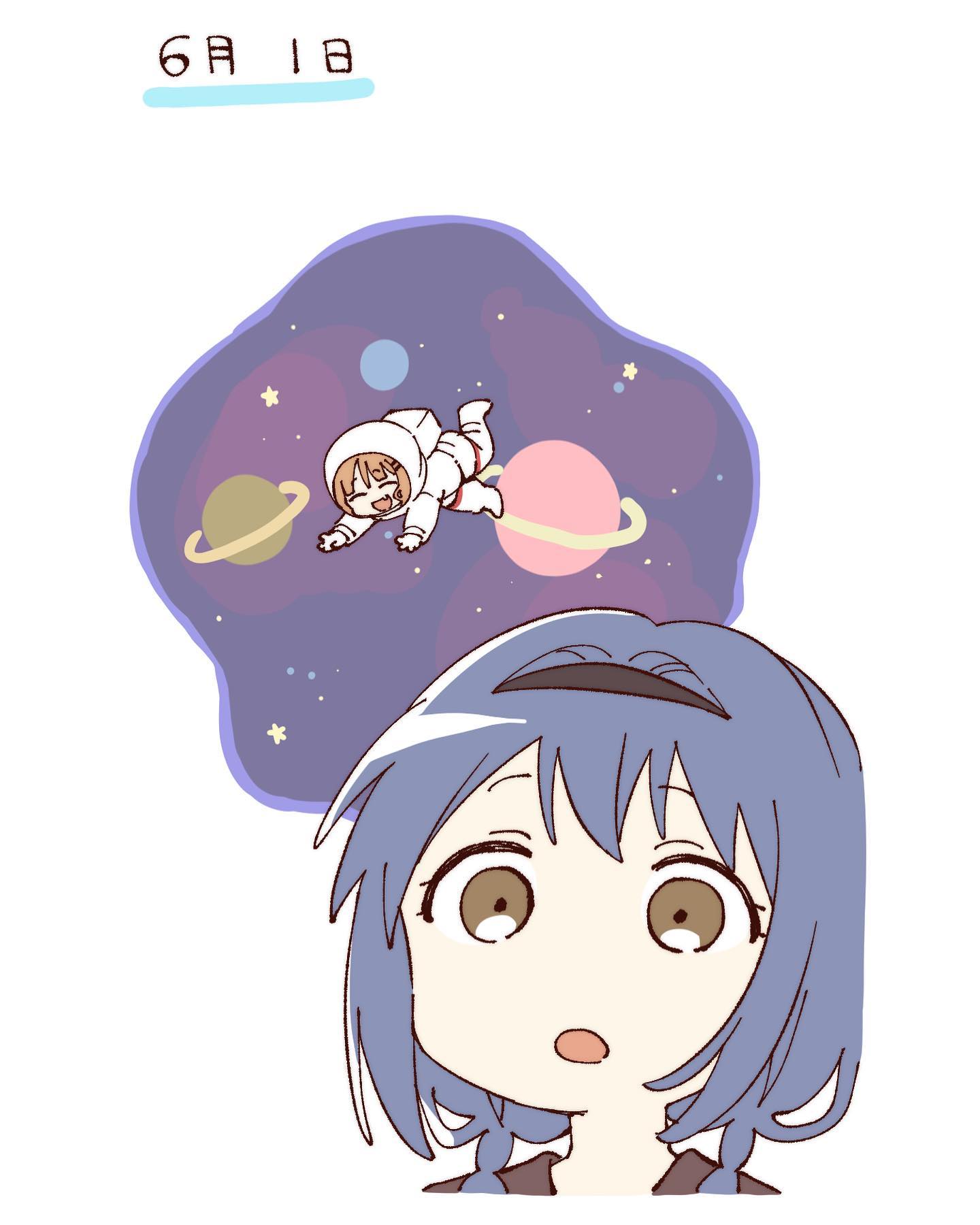namori, furutani himawari, oomuro sakurako, yuruyuri, hashtag-only commentary, highres, 2girls, :d, :o, ^ ^, black hairband, blue hair, braid, brown eyes, closed eyes, hairband, multiple girls, open mouth, planet, short hair, smile, space, spacesuit, twin braids