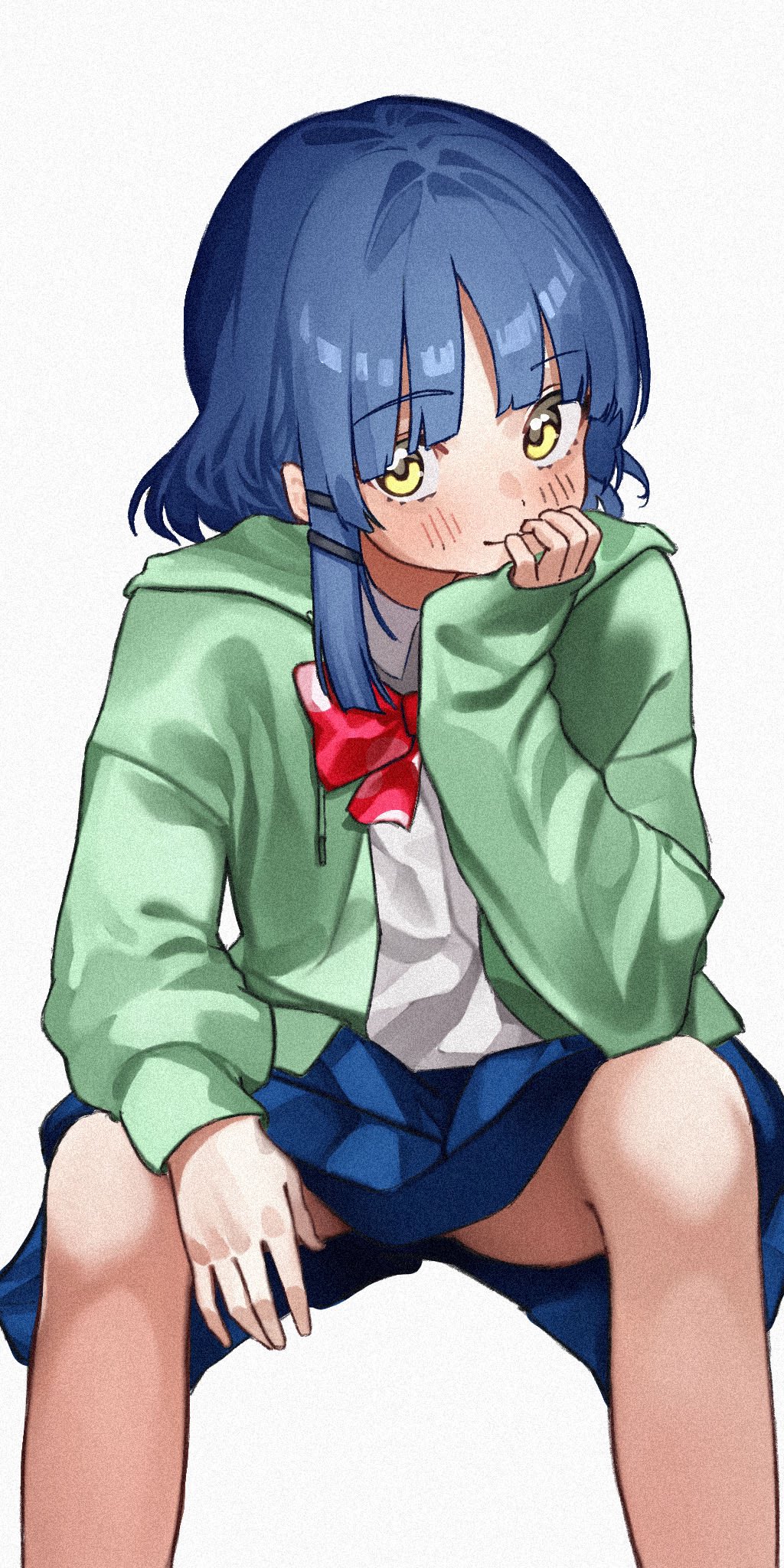 taroekaki, ijichi nijika, yamada ryo, bocchi the rock!, commentary, highres, 1girl, blue hair, blue skirt, blunt bangs, blush, bow, bowtie, closed mouth, collared shirt, cosplay, feet out of frame, film grain, green jacket, hair intakes, hair ornament, hairclip, hand on own chin, hand up, ijichi nijika (cosplay), jacket, looking at viewer, medium hair, miniskirt, open clothes, open jacket, parallel hairclips, pleated skirt, red bow, red bowtie, shirt, simple background, sitting, skirt, sleeves past wrists, smile, solo, spread legs, upturned eyes, white background, white shirt, yellow eyes