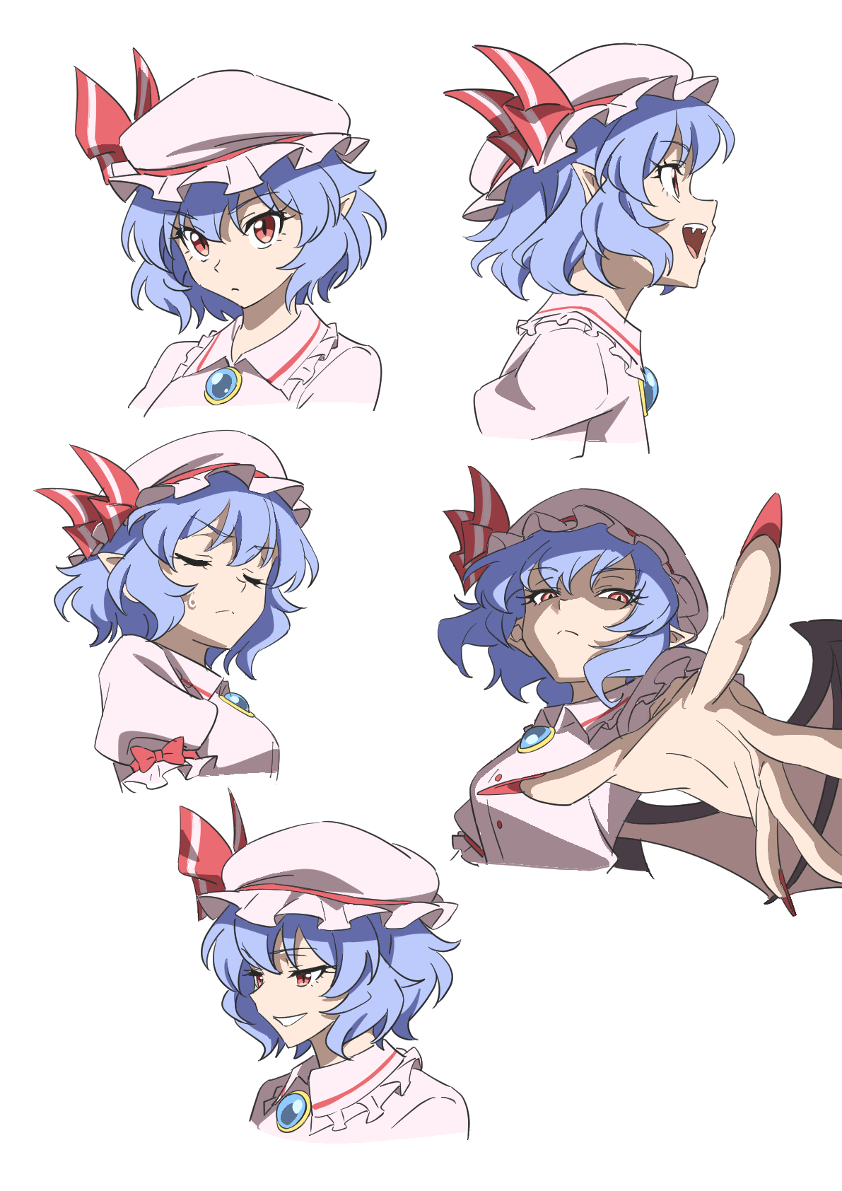 gyouza (mhea5724), remilia scarlet, touhou, highres, 1girl, bat wings, blue hair, brooch, expression chart, hat, jewelry, looking at viewer, mob cap, pointy ears, red eyes, red nails, shirt, short hair, simple background, smile, solo, white background, white shirt, wings