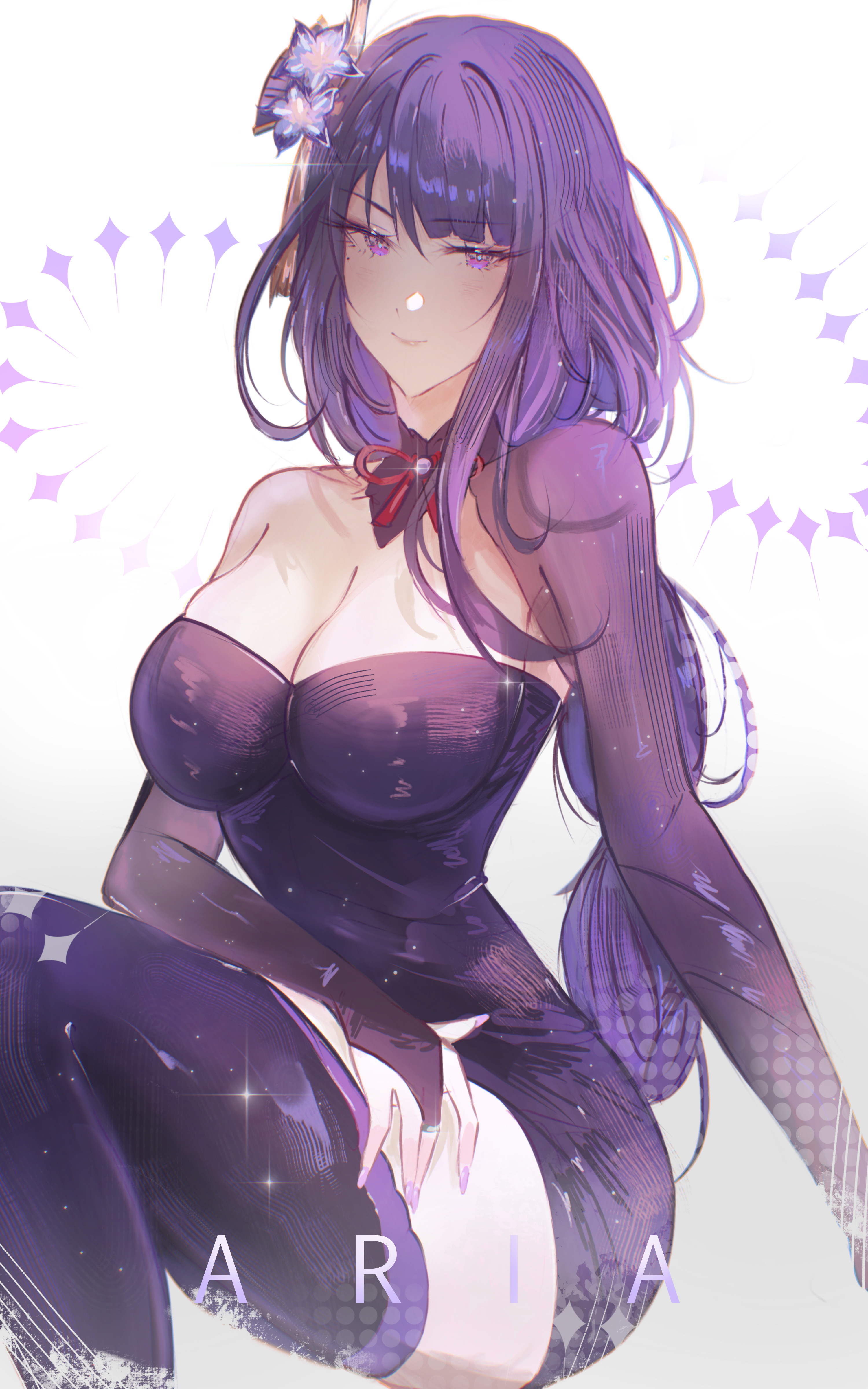 a r i a, raiden shogun, genshin impact, absurdres, commentary, highres, 1girl, alternate costume, artist name, breasts, cleavage, dress, flower, hair flower, hair ornament, large breasts, long hair, looking at viewer, purple dress, purple eyes, purple hair, purple thighhighs, single sleeve, sitting, smile, solo, thighhighs, thighs, very long hair, white background