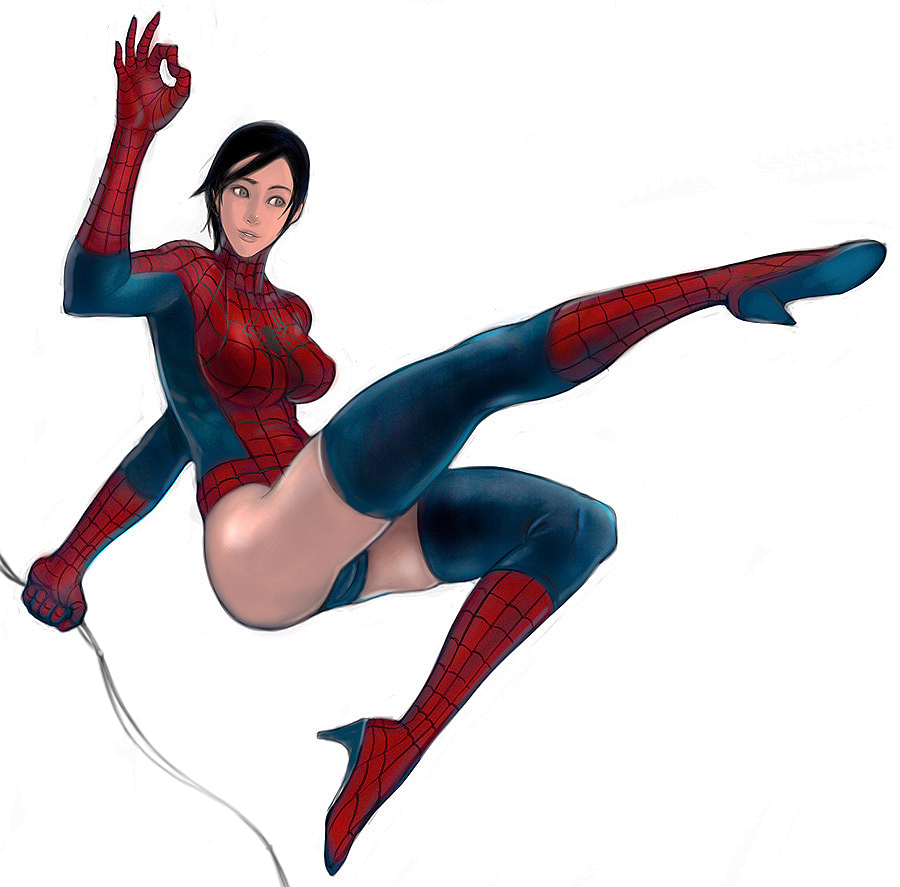 heegur, spider-girl, spider-man, marvel, spider-man (series), 1girl, ass, black hair, boots, breasts, cameltoe, female focus, genderswap, genderswap (mtf), high heel boots, high heels, large breasts, see-through clothes, shoes, solo, thigh boots, thighhighs