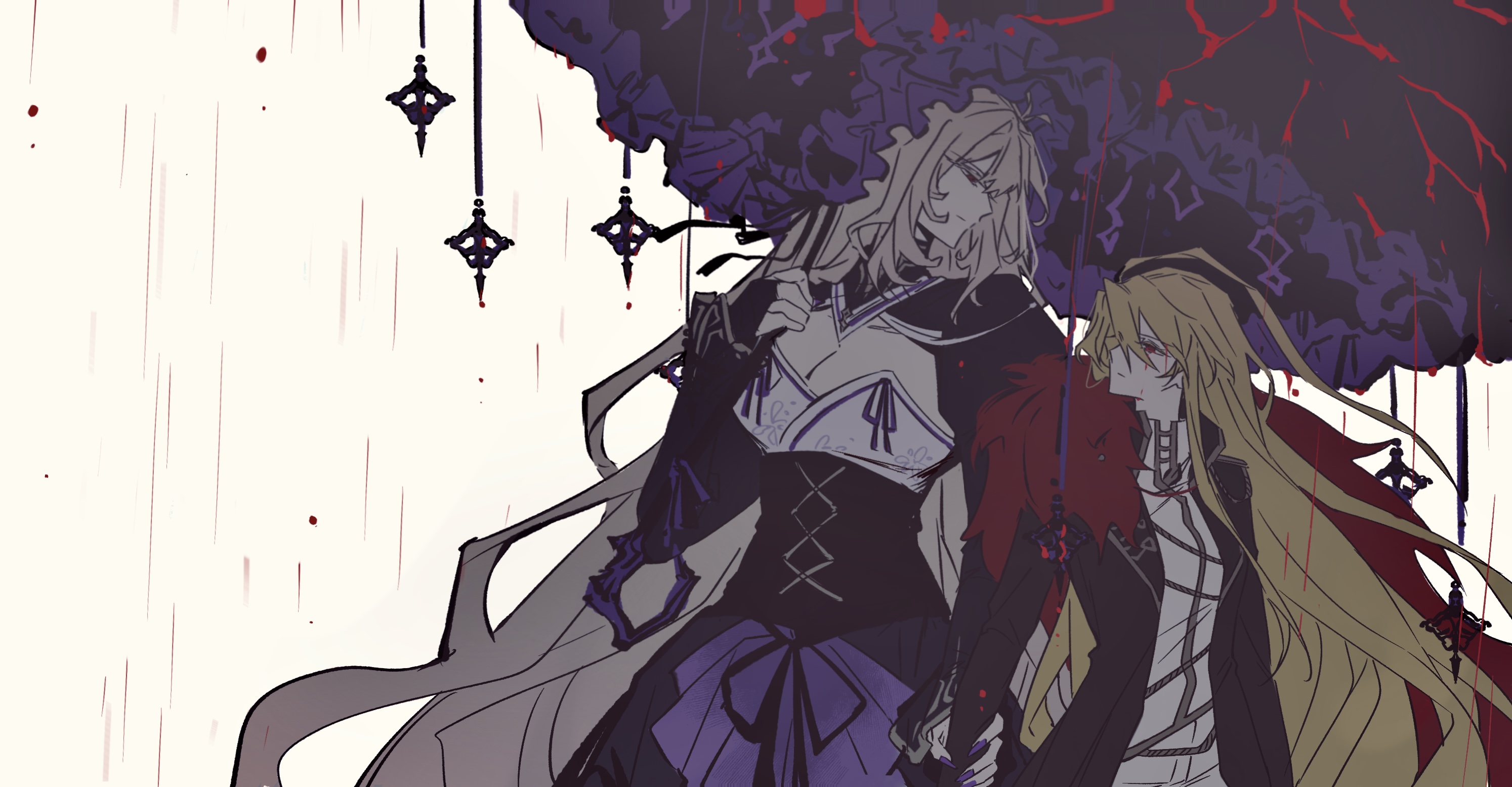 v9sk51z6jxquzom, don quixote (project moon), dulcinea (project moon), sancho (project moon), limbus company, project moon, highres, 2girls, antenna hair, black coat, black corset, black dress, blonde hair, bonnet, breast ribbon, breasts, cleavage, closed mouth, coat, corset, dress, frilled bonnet, frilled umbrella, frills, holding, holding umbrella, la manchaland (identity) (project moon), long hair, long sleeves, looking at another, multiple girls, parasol, parted bangs, purple bonnet, purple nails, purple umbrella, rain, raining blood, red eyes, shirt, simple background, standing, umbrella, upper body, white background, white shirt