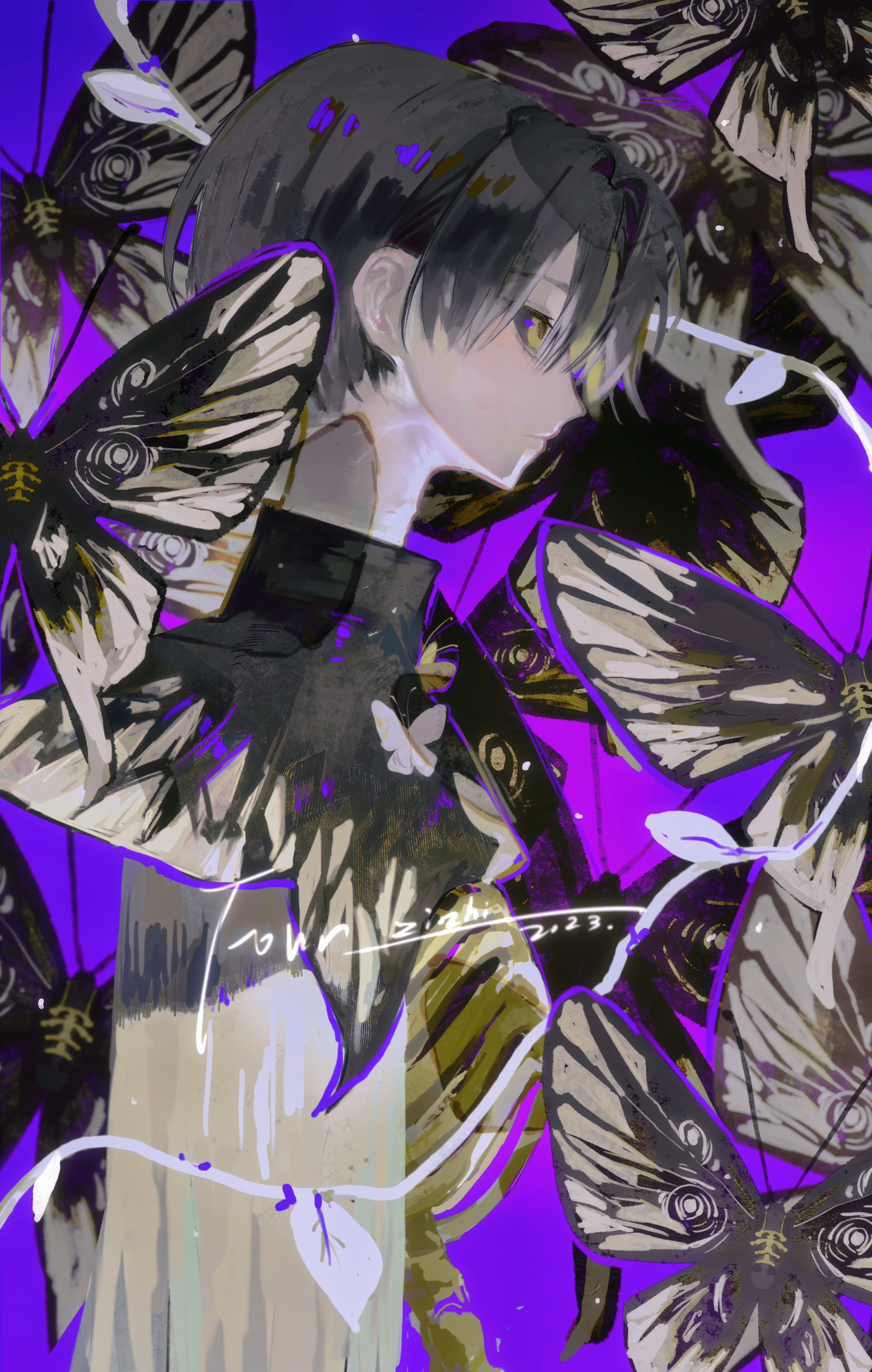 niezaozhe113, x (reverse:1999), reverse:1999, absurdres, highres, 1boy, black sclera, bug, butterfly, coat, colored sclera, grey hair, insect, male focus, profile, purple background, short hair, solo, too many, too many butterflies, upper body, white coat, yellow eyes