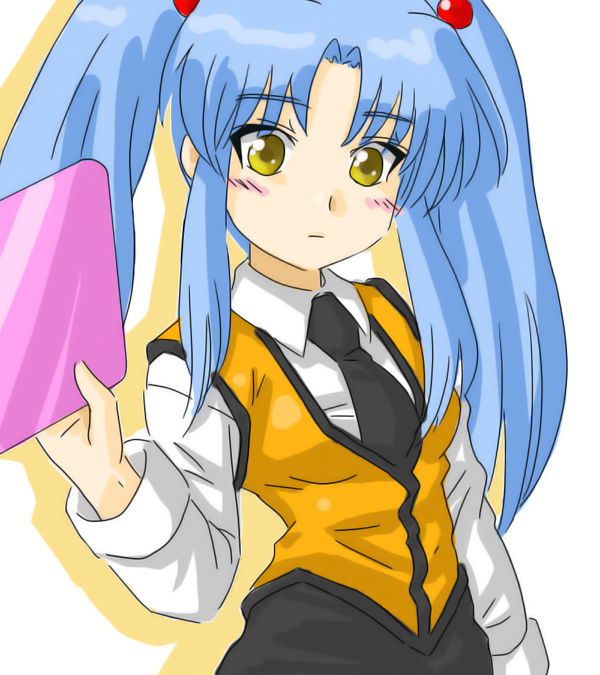 ebi tendon, hoshino ruri, kidou senkan nadesico, 1girl, black necktie, blush, double bun, employee uniform, female focus, folder, hair bun, holding, long hair, looking at viewer, necktie, sidelocks, simple background, solo, twintails, vest, white background, yellow eyes