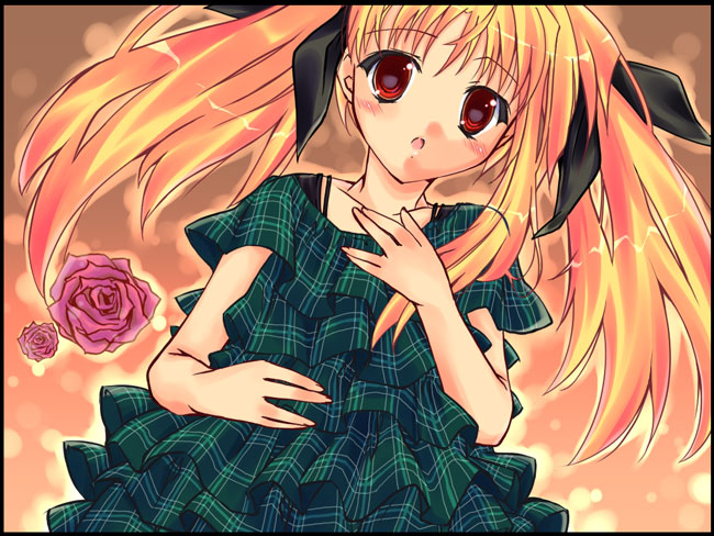 yu yu, fate testarossa, lyrical nanoha, mahou shoujo lyrical nanoha, 00s, 1girl, alternate costume, blonde hair, blush, dress, female focus, flower, green dress, layered dress, long hair, looking at viewer, puffy short sleeves, puffy sleeves, red eyes, red flower, red rose, rose, short sleeves, solo, tareme