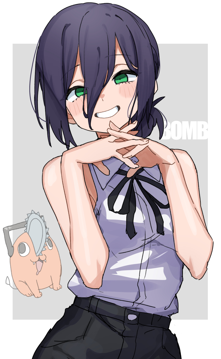 gazacy (dai), pochita (chainsaw man), reze (chainsaw man), chainsaw man, commentary, highres, 1girl, black hair, black ribbon, black shorts, blush, green eyes, hair between eyes, interlocked fingers, long hair between eyes, neck ribbon, own hands together, ribbon, shirt, shirt tucked in, shorts, sleeveless, sleeveless shirt, smile, solo, white shirt