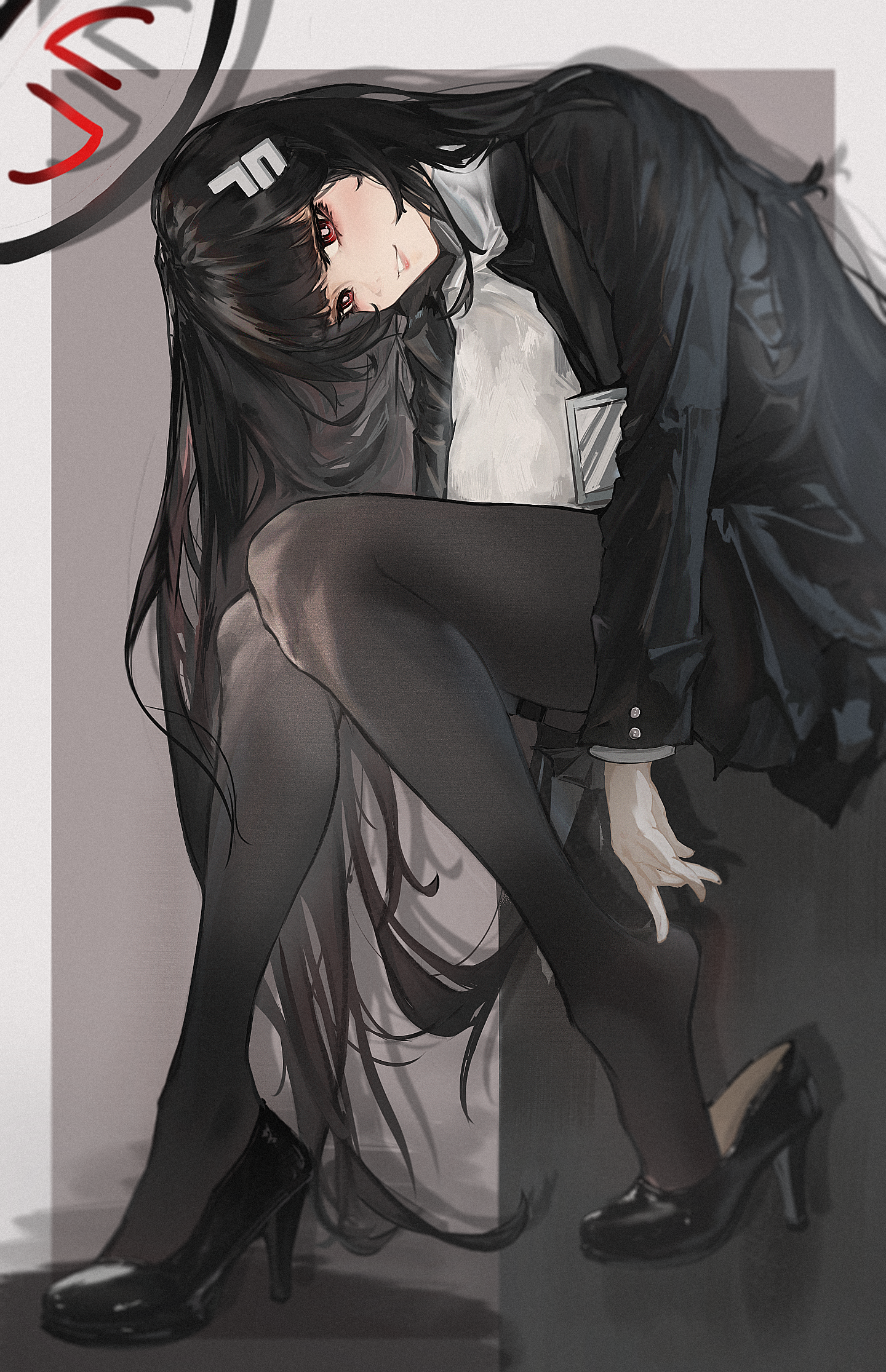 seigen, rio (blue archive), blue archive, chinese commentary, commentary request, highres, 1girl, black jacket, black pantyhose, black shoes, black skirt, blazer, breasts, grin, hair ornament, hairclip, halo, high heels, jacket, large breasts, long hair, looking at viewer, pantyhose, pleated skirt, red eyes, shoes, sitting, skirt, smile, solo, sweater, turtleneck, turtleneck sweater, very long hair, white sweater