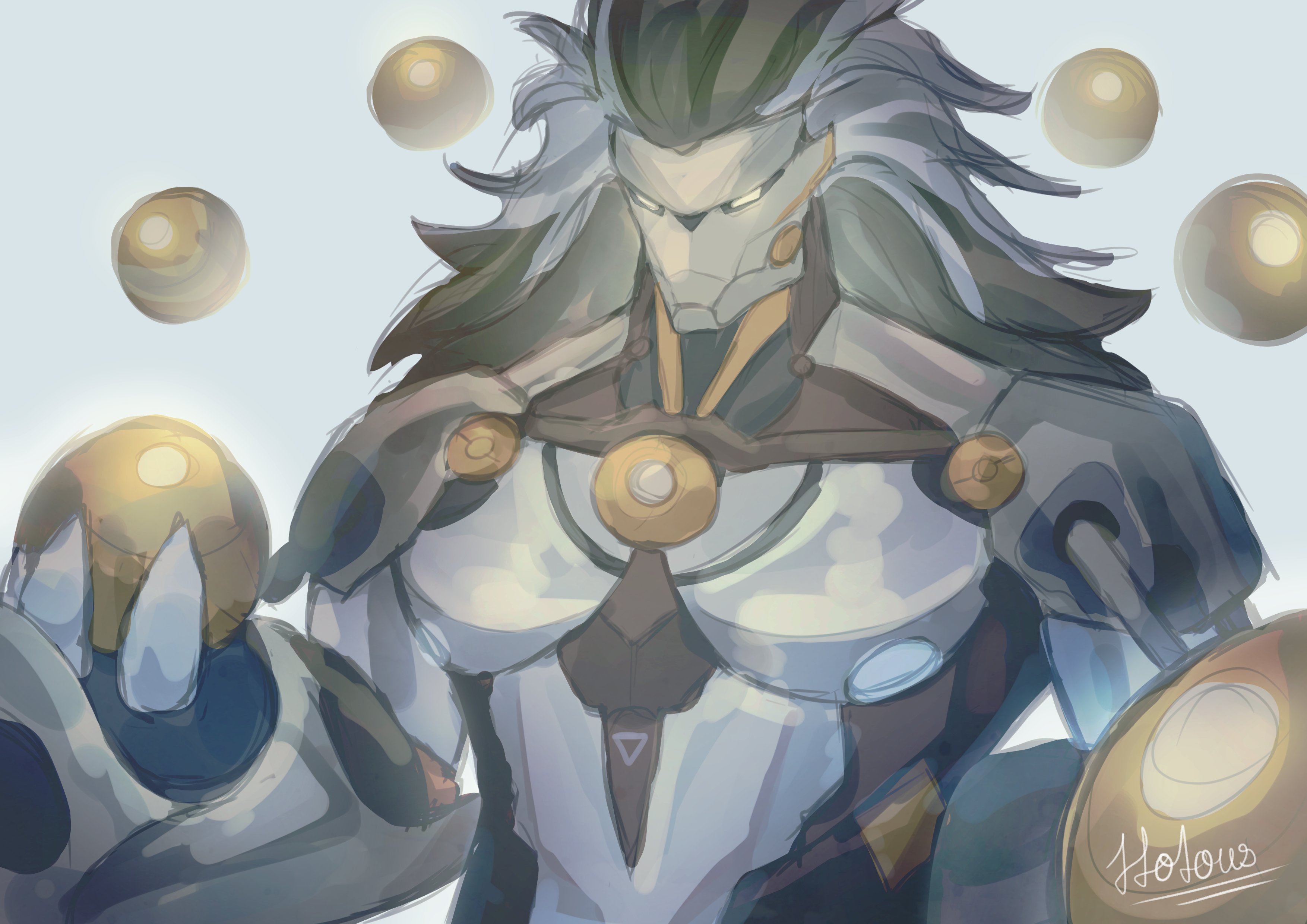 fishy white, zenless zone zero, absurdres, commentary, english commentary, highres, 1boy, artist name, banyue (zenless zone zero), bara, grey hair, holding orb, long hair, orb, robot boy, upper body