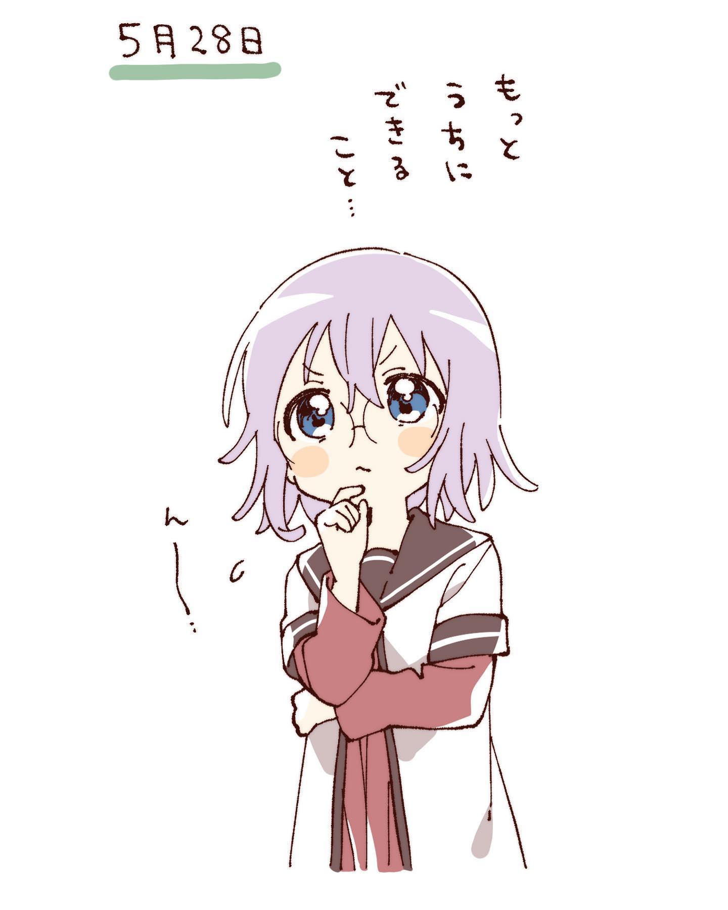 namori, ikeda chitose, yuruyuri, hashtag-only commentary, highres, translation request, 1girl, blue eyes, blush stickers, brown sailor collar, closed mouth, cropped torso, dress, glasses, grey hair, hand up, layered sleeves, long sleeves, nanamori school uniform, pleated dress, red dress, sailor collar, school uniform, shirt, short hair, short over long sleeves, short sleeves, simple background, solo, v-shaped eyebrows, white background, white shirt, winter uniform