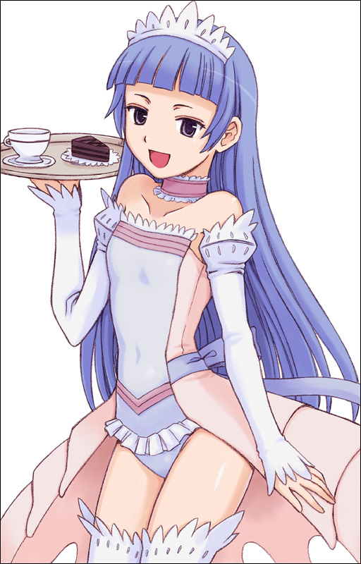 orebalgum, nagi, kannagi, 1girl, blue hair, blue thighhighs, blunt bangs, cosplay, cup, female focus, long hair, maid, saucer, simple background, solo, teacup, thighhighs, very long hair, white background