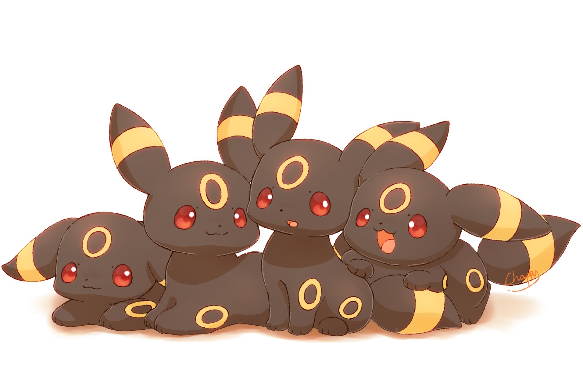 mimix, umbreon, nintendo, pokemon, highres, :3, animal focus, black fur, closed mouth, colored sclera, full body, gen 2 pokemon, looking at viewer, no humans, open mouth, pokemon (creature), pokemon focus, red eyes, red sclera, simple background, smile, tail, white background