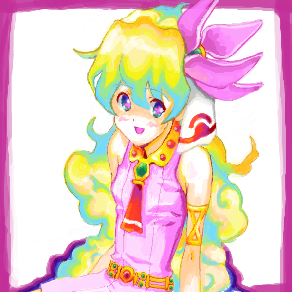kachiku, nia teppelin, tengen toppa gurren lagann, bad drawr id, bad id, + +, 00s, armlet, drawr, dress, flower, hair flower, hair ornament, jewelry, long hair, multicolored hair, necktie, oekaki, pink dress, sleeveless, solo