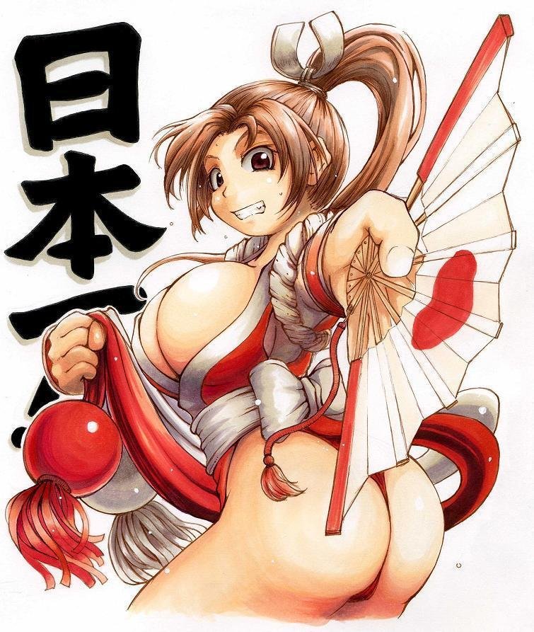 ibukichi, shiranui mai, fatal fury, snk, the king of fighters, 1girl, ass, breasts, brown hair, cleavage, female focus, folding fan, grin, hand fan, huge breasts, japanese clothes, large breasts, long hair, ninja, ponytail, smile, solo, sweat, teeth