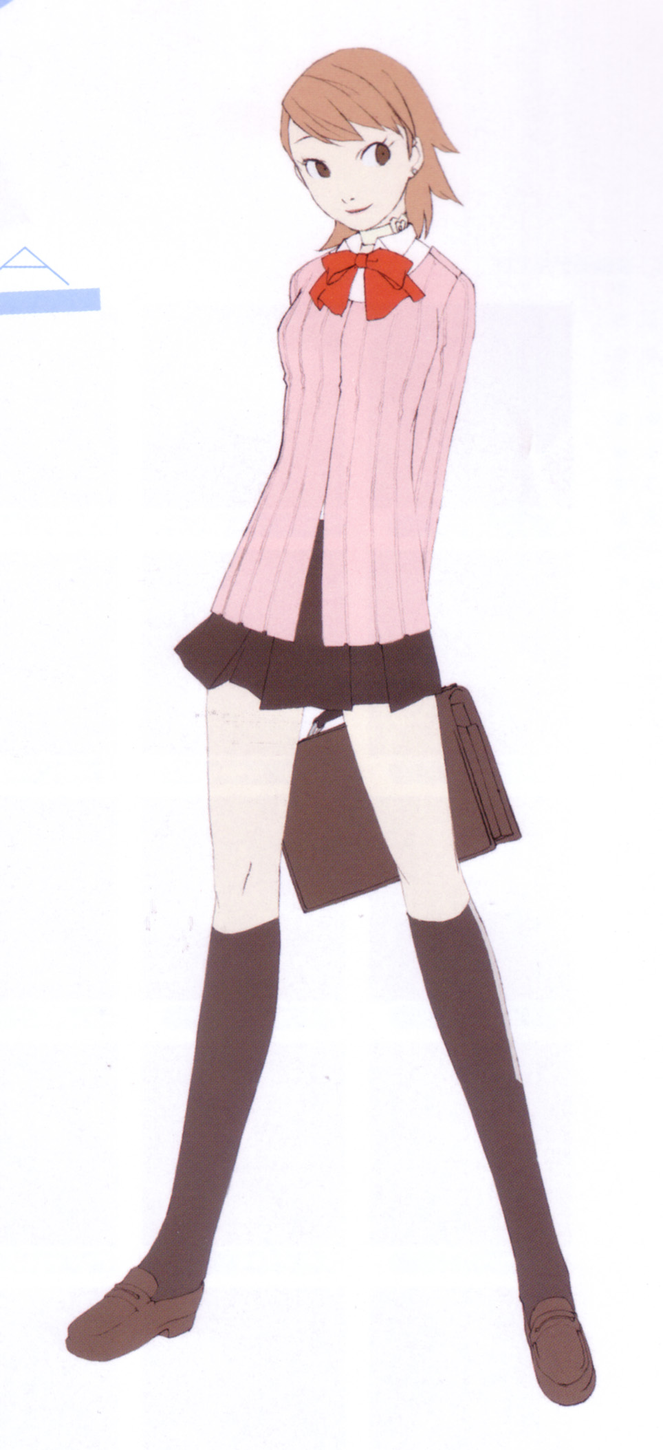 soejima shigenori, takeba yukari, atlus, persona, persona 3, highres, scan, black socks, brown eyes, brown hair, cardigan, choker, kneehighs, loafers, miniskirt, ribbon, school uniform, shoes, short hair, skirt, smile, socks, solo