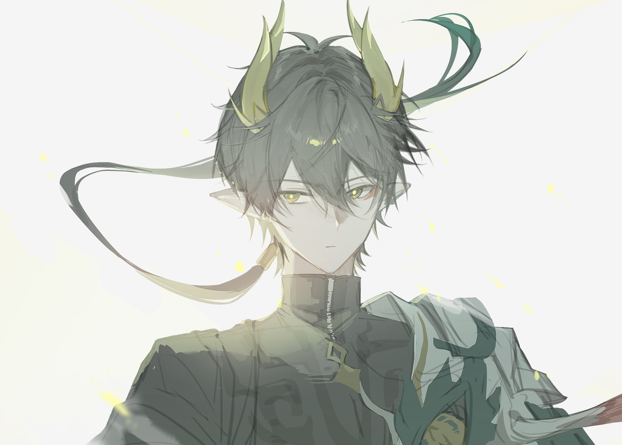 dan heng (honkai: star rail), dan heng (permansor terrae) (honkai: star rail), honkai: star rail, honkai (series), commentary request, highres, 1boy, 32c1ff, black hair, black shirt, closed mouth, double-parted bangs, dragon horns, hair between eyes, horns, long hair, looking to the side, male focus, official alternate costume, pointy ears, ponytail, shirt, sideways glance, simple background, solo, upper body, white background, yellow horns, zipper