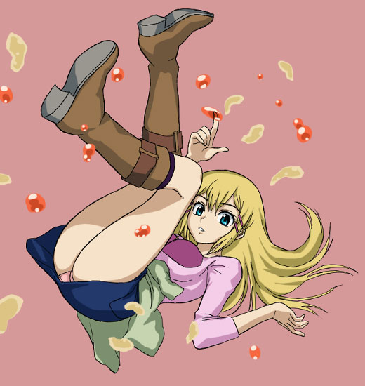hajime (caramel toone), louise halevy, gundam, gundam 00, 00s, ass, blonde hair, blue eyes, boots, chips (food), floating, food, hair ornament, hairpin, high heel boots, high heels, juice, long hair, panties, pantyshot, skirt, solo, underwear
