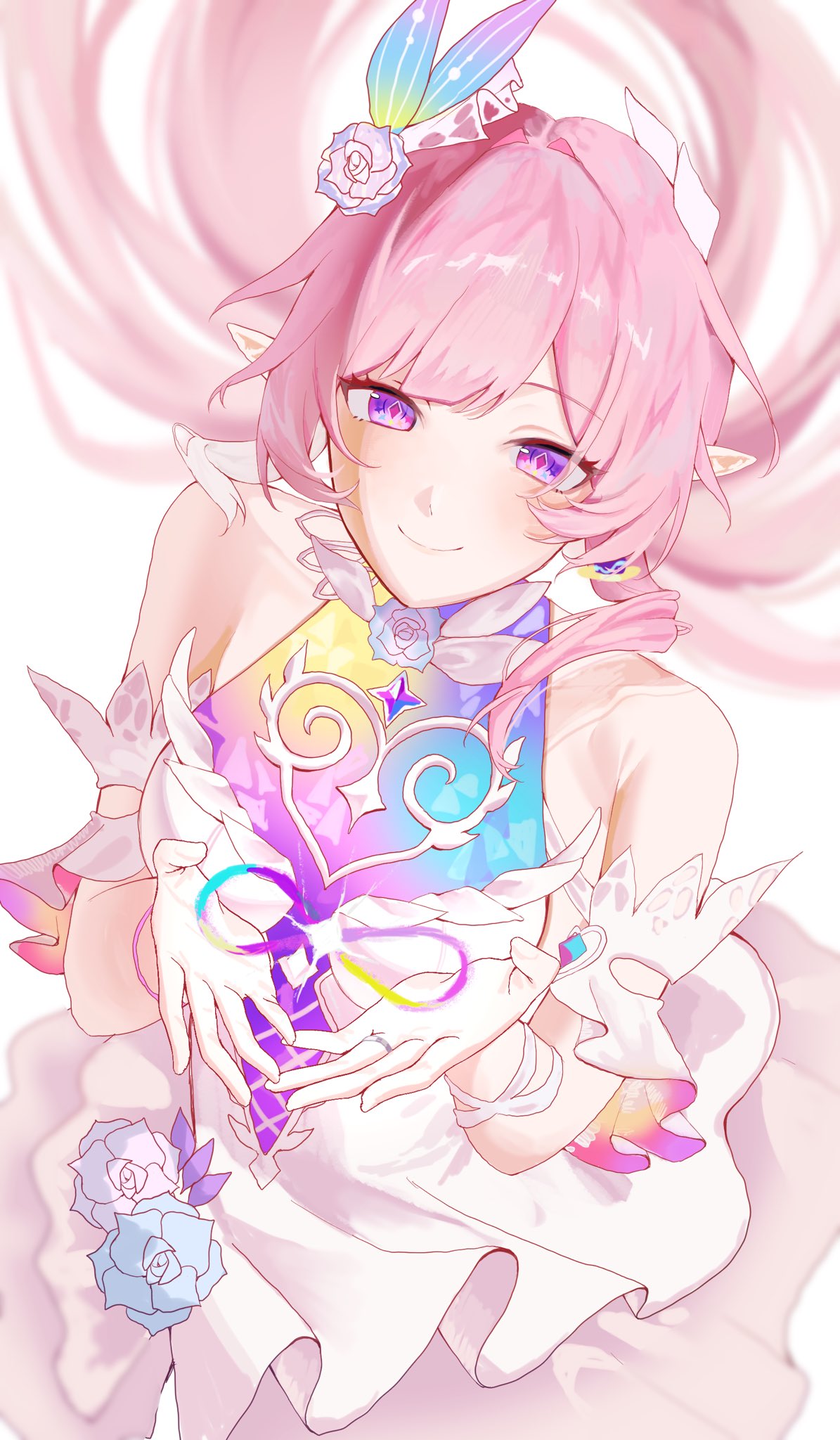 cyrene (honkai: star rail), cyrene (ripples of past reverie) (honkai: star rail), honkai: star rail, honkai (series), commentary request, highres, revision, 0910 2222, 1girl, amphoreus (honkai: star rail), bare shoulders, breasts, diamond-shaped pupils, diamond (shape), dress, flower, gloves, hair flower, hair ornament, large breasts, long hair, looking at viewer, mobius strip, pink hair, pointy ears, purple eyes, smile, solo, symbol-shaped pupils, very long hair, white dress, white gloves