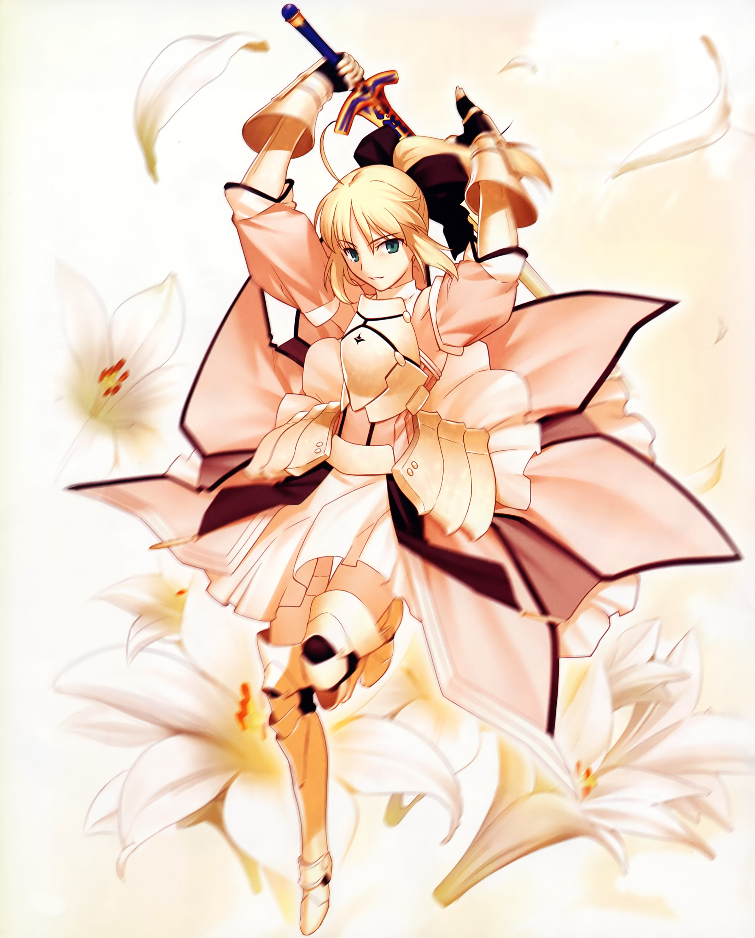takeuchi takashi, artoria pendragon (fate), saber (fate), saber lily, capcom, fate/stay night, fate/unlimited codes, fate (series), absurdres, highres, 00s, 1girl, ahoge, armor, armored dress, blonde hair, bow, caliburn (fate), dress, female focus, fingerless gloves, flower, gauntlets, gloves, greaves, green eyes, hair bow, hair ribbon, holding, holding behind back, holding sword, holding sword behind back, holding weapon, holding weapon behind back, lily (flower), looking at viewer, petals, ponytail, ribbon, short hair, solo, sword, weapon