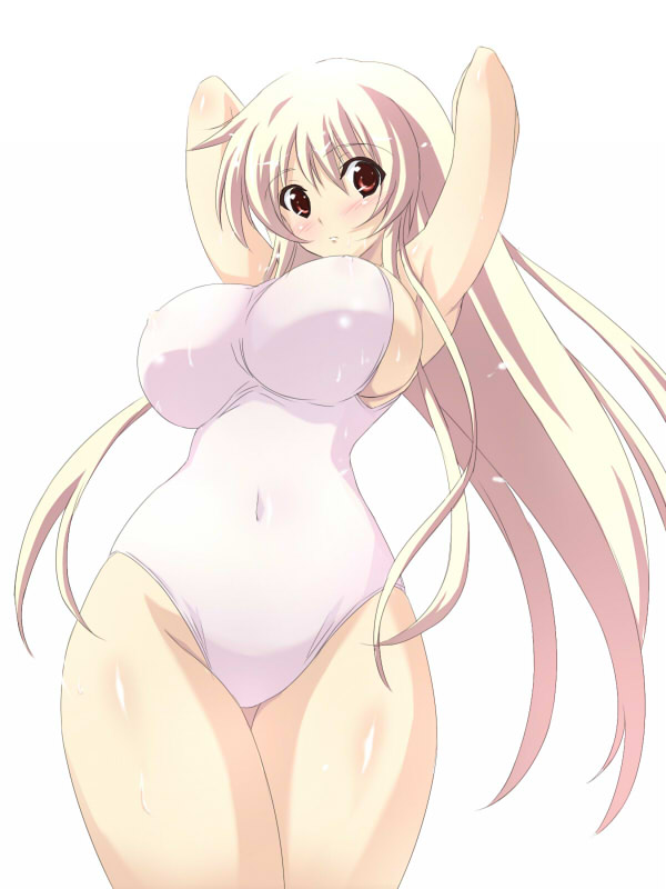 nanakorobi yaoki, character request, 1girl, armpits, arms behind back, arms up, blush, breasts, curvy, female focus, huge breasts, long hair, navel, one-piece swimsuit, red eyes, sideboob, solo, swimsuit, very long hair, white hair