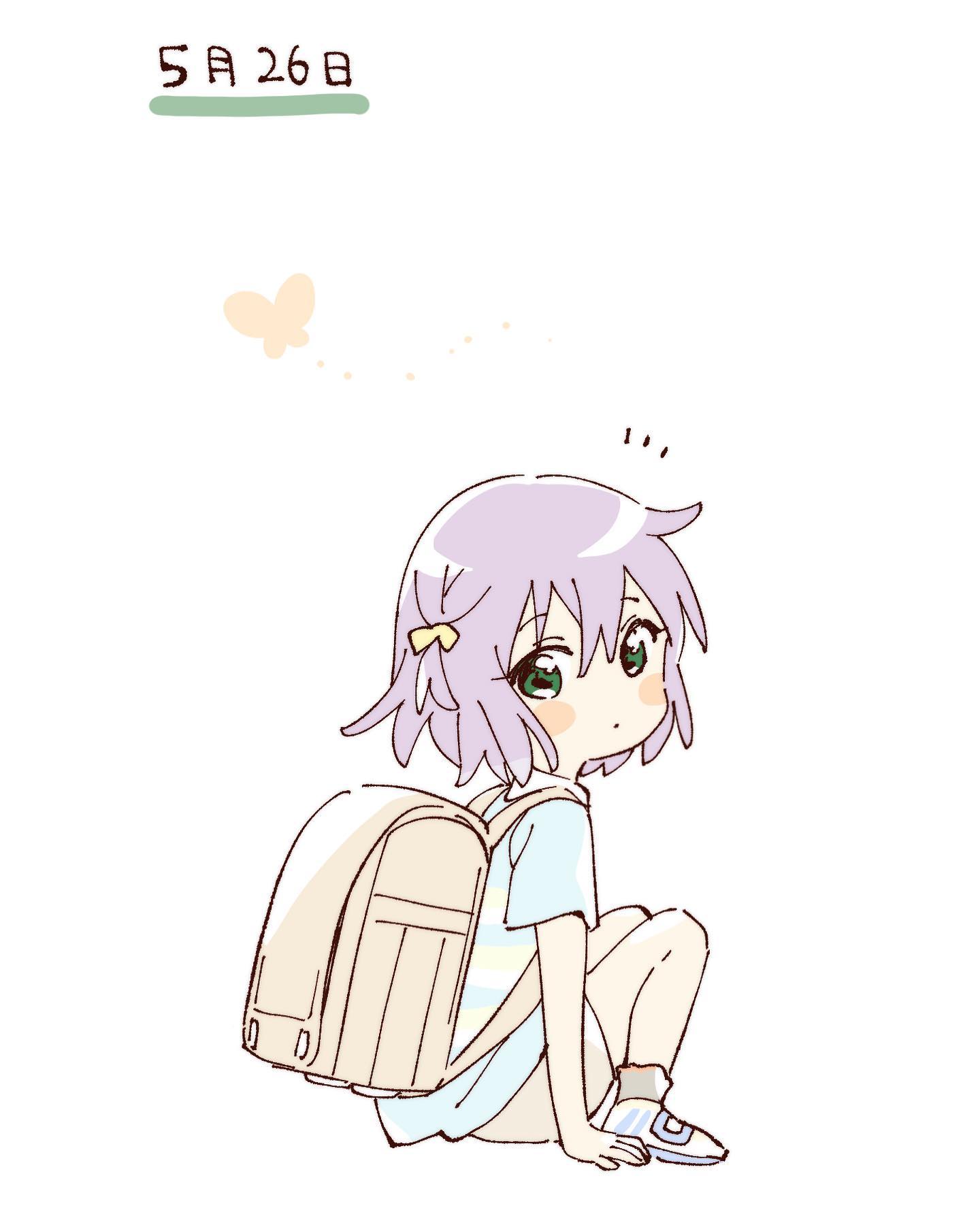 namori, ikeda chizuru, yuruyuri, hashtag-only commentary, highres, 1girl, backpack, bag, blue shirt, blush stickers, brown shorts, closed mouth, full body, green eyes, grey hair, grey socks, hair between eyes, knees up, looking at viewer, randoseru, shirt, shoes, short hair, short sleeves, shorts, simple background, sitting, socks, solo, striped clothes, striped shirt, white background, white shoes