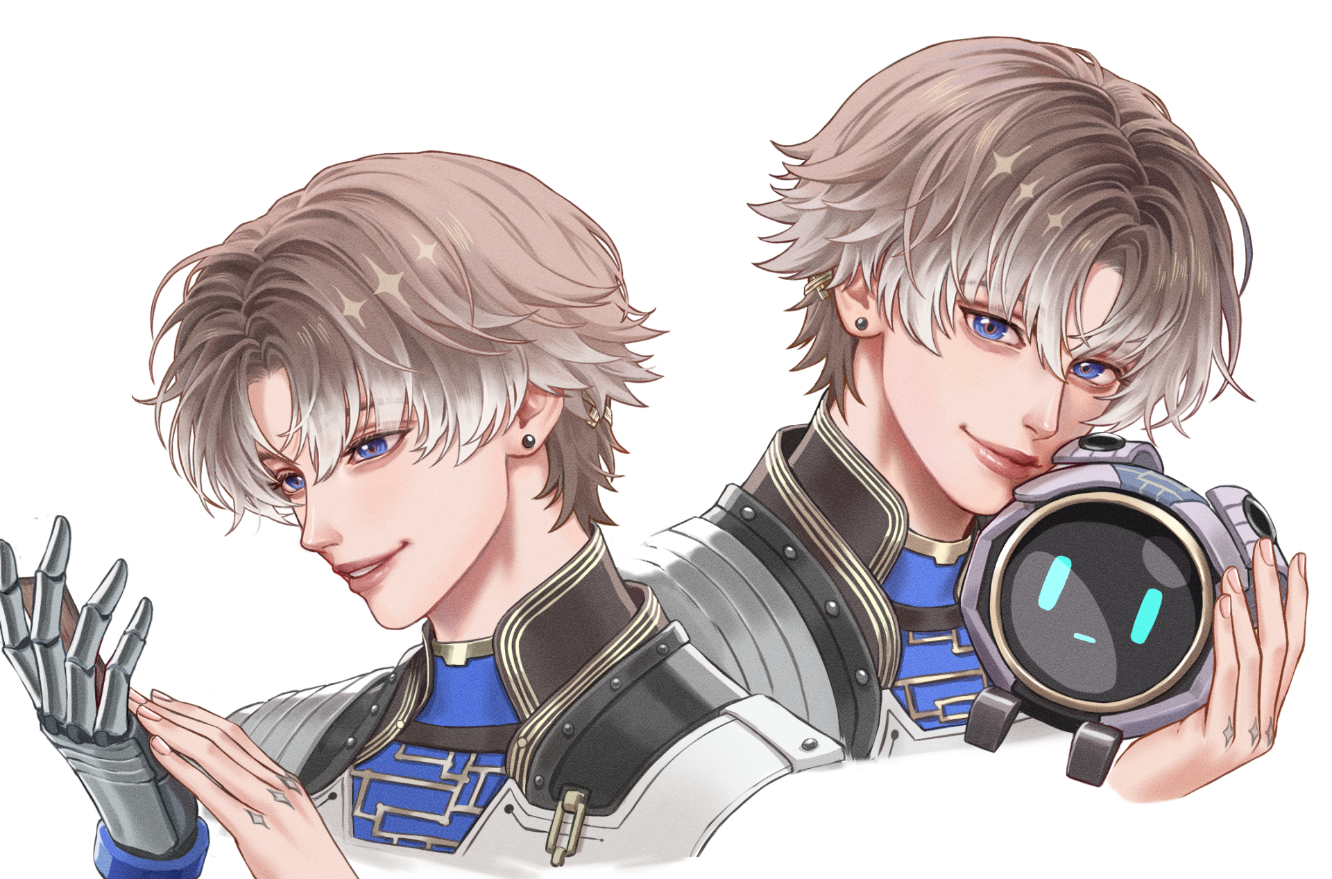 xiangli yao (wuthering waves), wuthering waves, highres, 1boy, alientomoe, blue eyes, brown hair, closed mouth, earrings, grin, hands up, jewelry, male focus, mechanical hands, multiple views, robot, short hair, single mechanical hand, smile, stud earrings, white background, xiang-lee (wuthering waves)