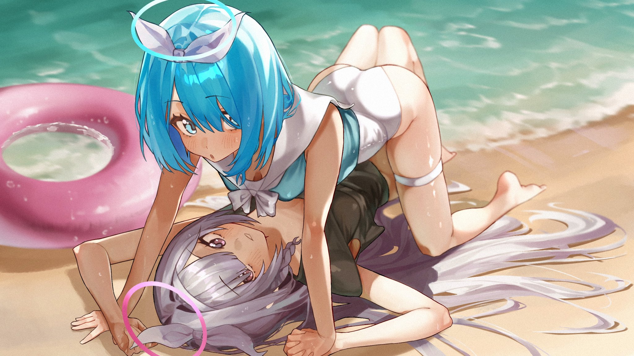 taroekaki, arona (blue archive), plana (blue archive), blue archive, commentary, highres, 2girls, :o, adapted costume, all fours, arm up, ass, barefoot, beach, black shirt, blue eyes, blue hair, blue halo, blue shirt, blush, bow, bowtie, braid, day, eyelashes, film grain, full body, girl on top, grey eyes, grey hair, hair between eyes, hair bow, hair spread out, halo, highleg, highleg one-piece swimsuit, holding hands, interlocked fingers, knee up, long hair, looking at viewer, lying, medium hair, multiple girls, ocean, on back, one-piece swimsuit, open mouth, outdoors, parted lips, pink halo, pink innertube, sailor collar, shirt, short sleeves, single braid, skindentation, sleeveless, sleeveless shirt, swimsuit, thigh strap, thighs, upturned eyes, very long hair, white bow, white bowtie, white one-piece swimsuit, white sailor collar, yuri