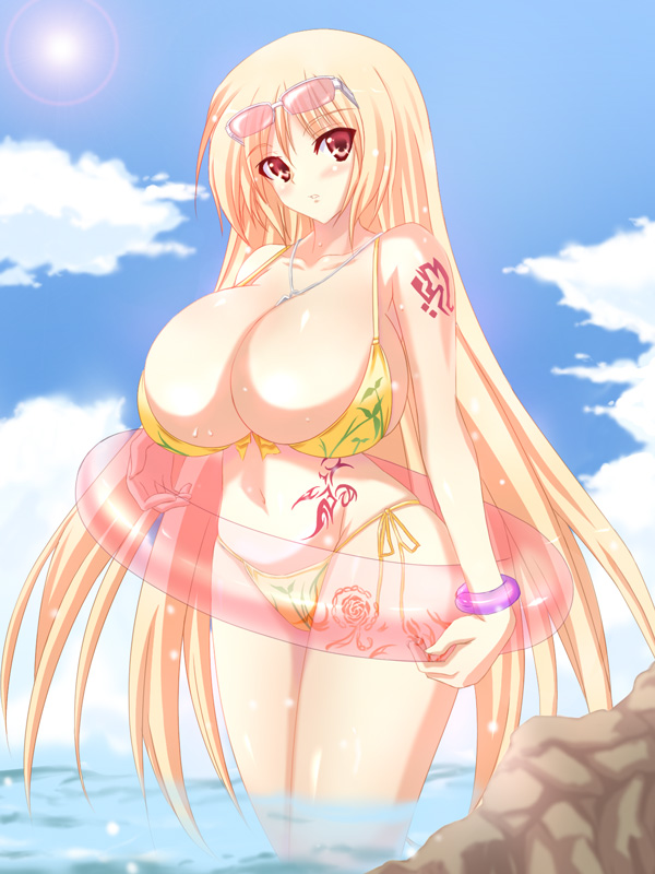 nanakorobi yaoki, original, 1girl, beach, bikini, blonde hair, blush, breasts, bursting breasts, cleavage, curvy, day, female focus, huge breasts, innertube, jewelry, long hair, necklace, ocean, outdoors, red eyes, sky, solo, sun, sunglasses, sweat, swim ring, swimsuit, tattoo, very long hair, water, wristband, yellow bikini