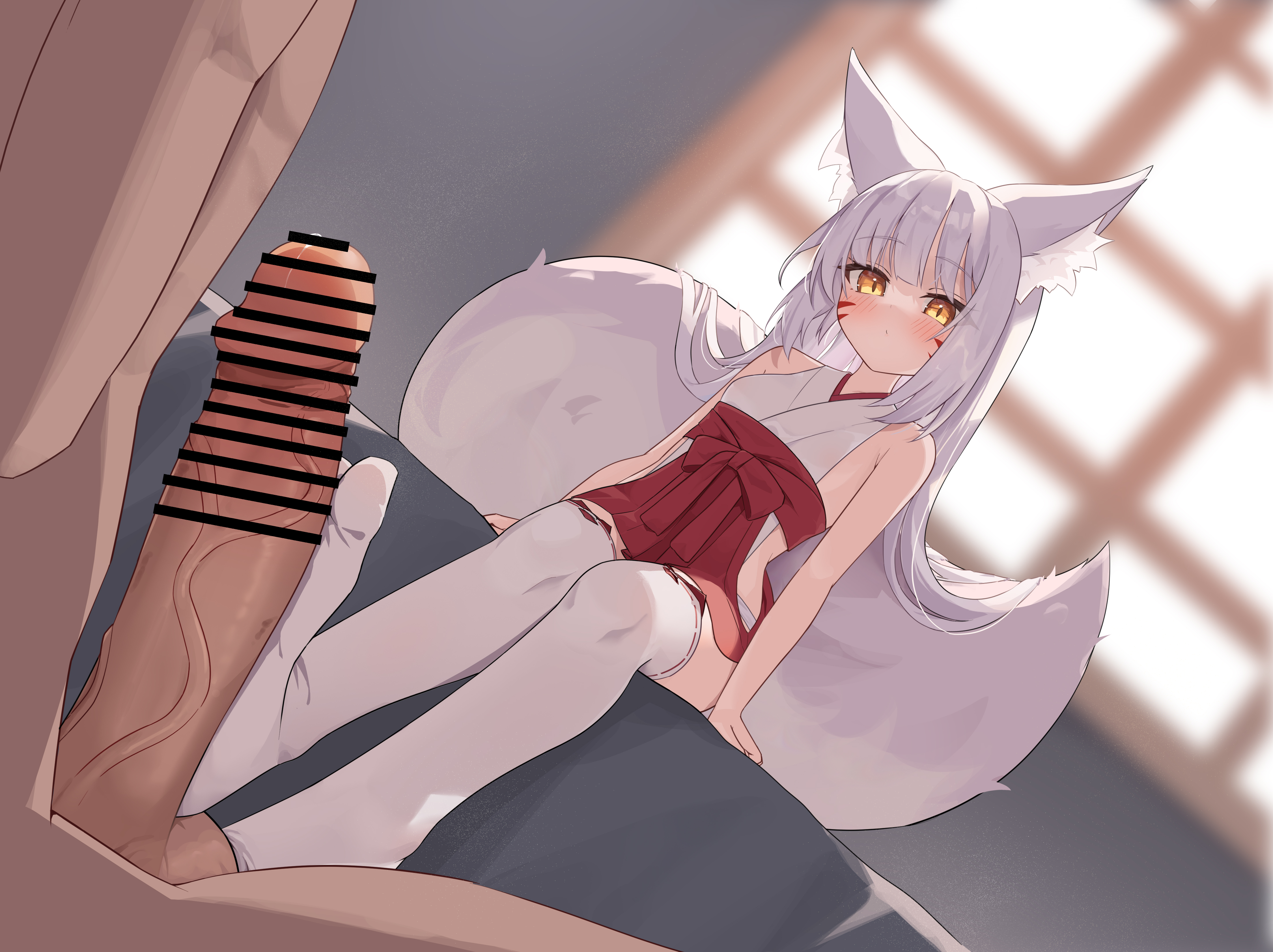 dodo24850918, original, absurdres, commentary request, highres, large variant set, paid reward available, variant set, 1boy, 1girl, animal ear fluff, animal ears, bar censor, blush, breasts, censored, closed mouth, clothed female nude male, clothing cutout, erection, feet, footjob, fox ears, fox girl, fox tail, grey hair, hakama, hakama short skirt, hakama skirt, hetero, hip vent, indoors, japanese clothes, long hair, miko, nude, penis, red skirt, sitting, skirt, small breasts, soles, tabi, tail, testicles, thighhighs, toes, veins, veiny penis, white thighhighs, yellow eyes, zettai ryouiki