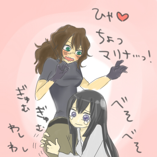 mitsuko, marina ismail, shirin bakhtiar, gundam, gundam 00, bad id, bad pixiv id, 00s, 2girls, ass, black hair, blue eyes, blush, brown hair, cling, gloves, grabbing another's ass, green eyes, groping, holding, hug, multiple girls, tears, yuri