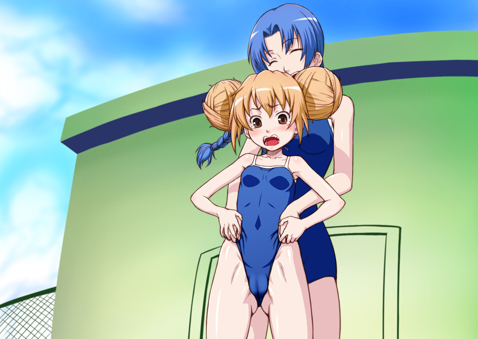 minazuki tsuyuha, aisaka taiga, kawashima ami, toradora!, 00s, 2girls, age difference, blue hair, blush, braid, breasts, brown eyes, brown hair, cameltoe, chain-link fence, closed eyes, competition school swimsuit, double bun, fat mons, fence, frontal wedgie, giving wedgie, hair bun, loli, long hair, multiple girls, one-piece swimsuit, onee-loli, open mouth, school swimsuit, small breasts, swimsuit, tears, wedgie, yuri