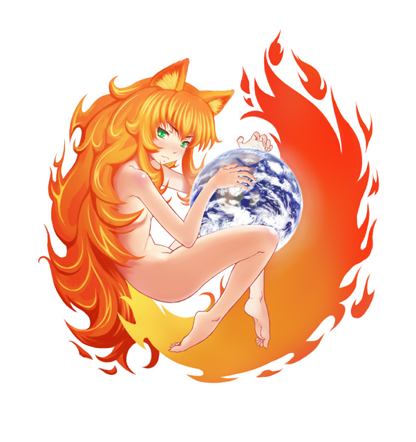 minazuki tsuyuha, mozilla firefox, os-tan, 1girl, animal ears, barefoot, earth (planet), feet, female focus, fox ears, giant, giantess, green eyes, huge giantess, loli, nude, orange hair, personification, planet, solo, tail
