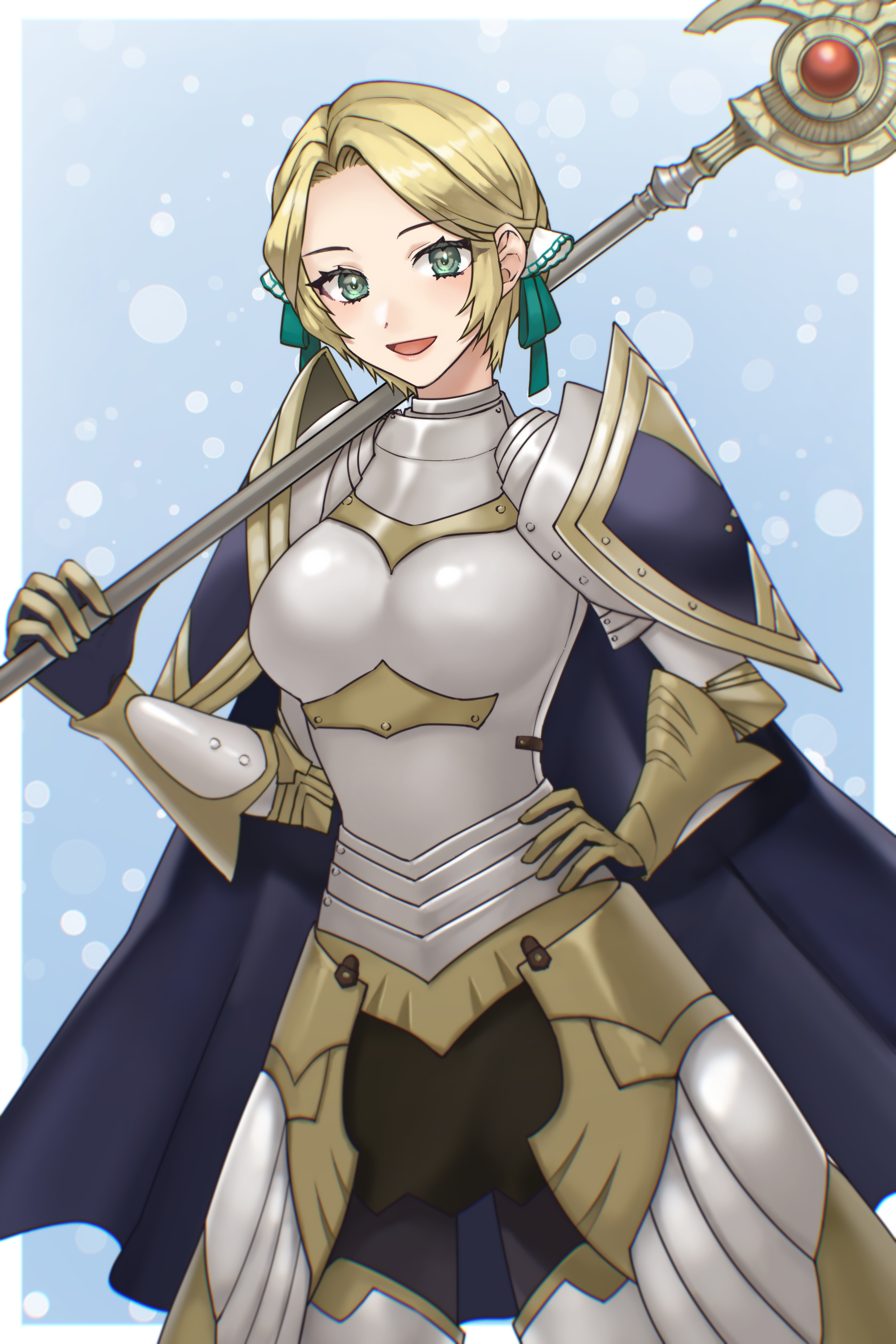 hazuki (nyorosuke), ingrid brandl galatea, ingrid brandl galatea (timeskip), fire emblem, fire emblem: three houses, nintendo, absurdres, commission, highres, vgen commission, 1girl, armor, armored gloves, blonde hair, blush, boobplate, breastplate, breasts, cape, cowboy shot, gloves, green eyes, hair ribbon, holding, holding polearm, holding weapon, lance, looking at viewer, luin (fire emblem), medium breasts, open mouth, over shoulder, polearm, ribbon, short hair, smile, solo, weapon, weapon over shoulder