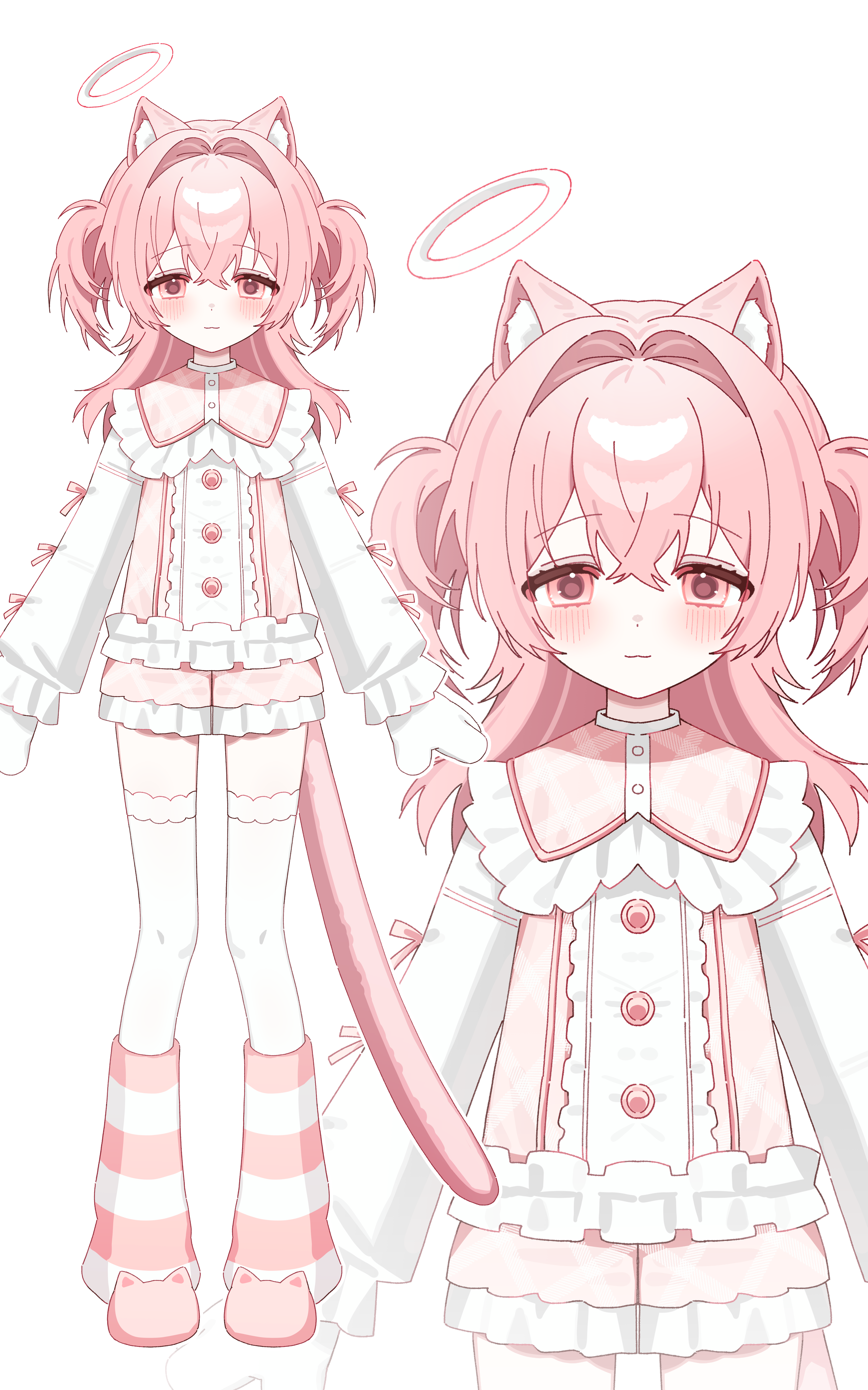 miisan, original, absurdres, highres, 1girl, :3, animal ear fluff, animal ears, cat ears, cat girl, cat tail, closed mouth, frilled shirt, frilled shirt collar, frilled shorts, frills, full body, hair between eyes, hair intakes, halo, leg warmers, light blush, light smile, looking at viewer, medium hair, multiple views, pink hair, pink leg warmers, pink shirt, pink shorts, pink slippers, plaid clothes, plaid shorts, shirt, shorts, slippers, striped leg warmers, tail, two-tone shirt, two side up, white halo, white leg warmers, white shirt