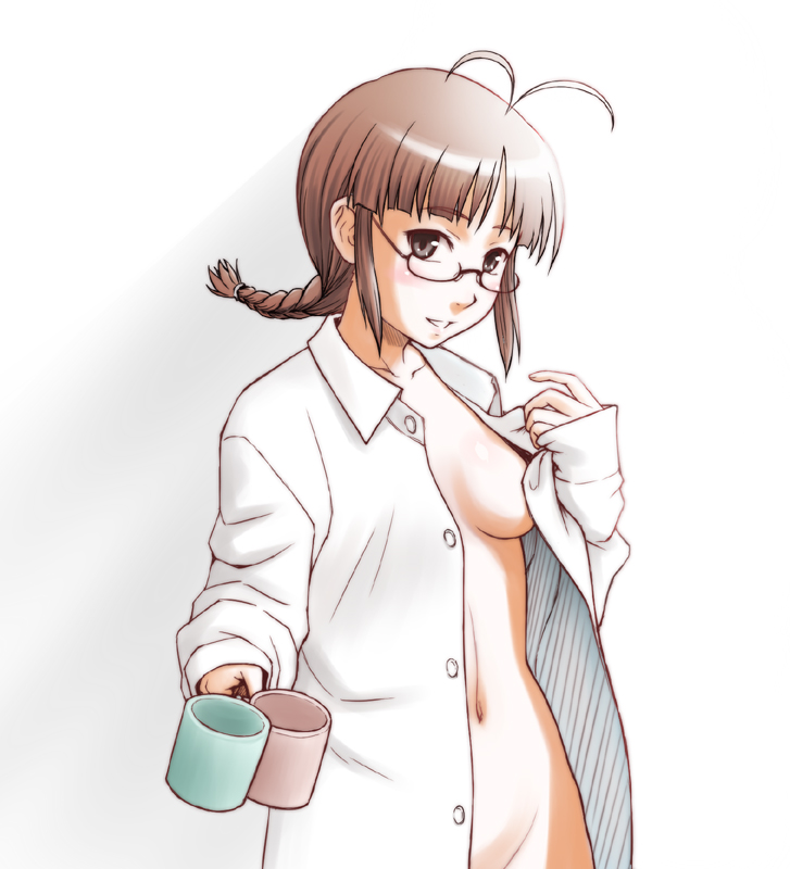minazuki tsuyuha, akizuki ritsuko, idolmaster, idolmaster (classic), idolmaster 1, 00s, 1girl, antenna hair, blush, bottomless, braid, breasts, brown eyes, brown hair, censored, coffee, convenient censoring, dress shirt, female focus, glasses, naked shirt, no bra, no panties, open clothes, open shirt, out-of-frame censoring, shirt, short hair, sideboob, small breasts, smile, solo, teasing