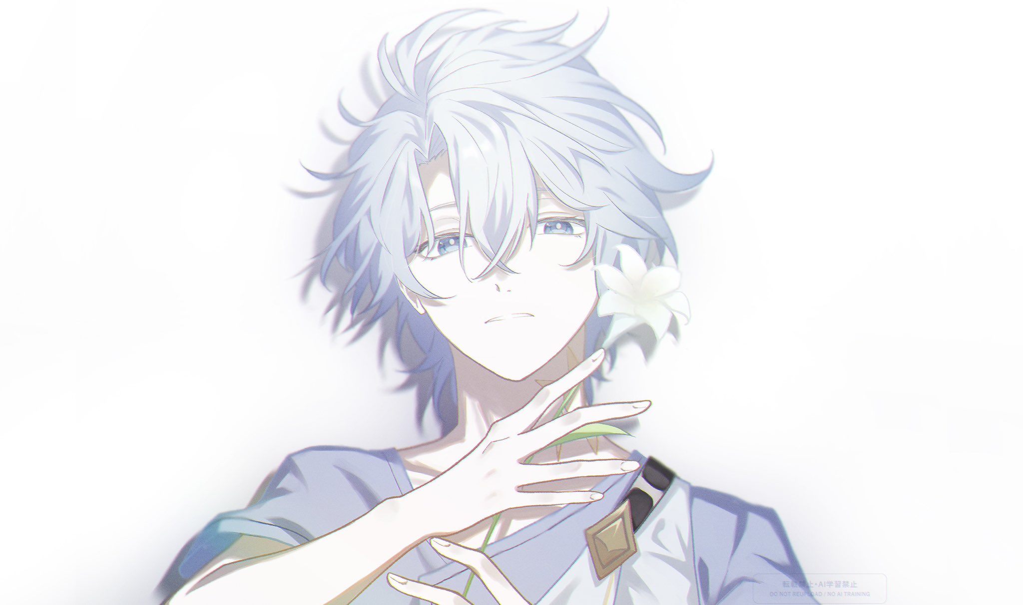 phainon (a dream scented in wheat) (honkai: star rail), phainon (honkai: star rail), honkai: star rail, honkai (series), commentary, hashtag-only commentary, highres, 1boy, akatuki048, arms up, blue eyes, collarbone, fingernails, flower, frown, grey shirt, holding, holding flower, male focus, parted bangs, parted hair, parted lips, shirt, simple background, solo, upper body, white background, white flower