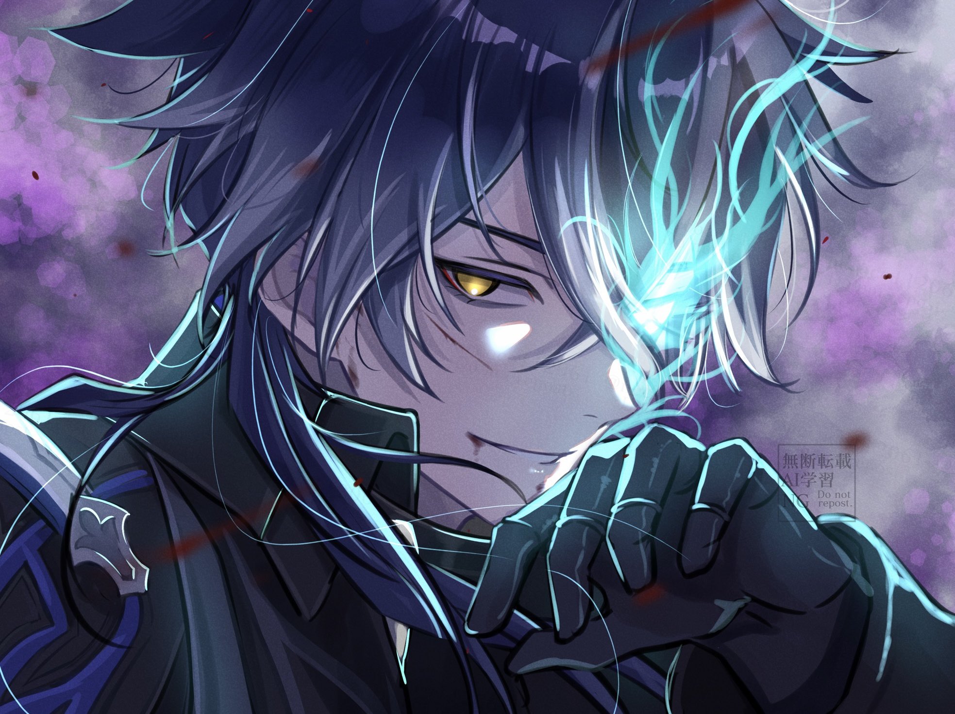 necoco112061, flins (genshin impact), genshin impact, commentary request, highres, 1boy, arm up, black gloves, black jacket, blood, blood from mouth, blood on face, blue fire, blue hair, collared jacket, fire, gloves, jacket, long hair, long sleeves, male focus, parted bangs, smile, solo, upper body, watermark, wiping face, yellow eyes