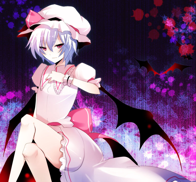 kurohara yuu, remilia scarlet, touhou, 1girl, bat wings, blue hair, crossed legs, female focus, hat, pink eyes, short hair, sitting, skirt, solo, wings
