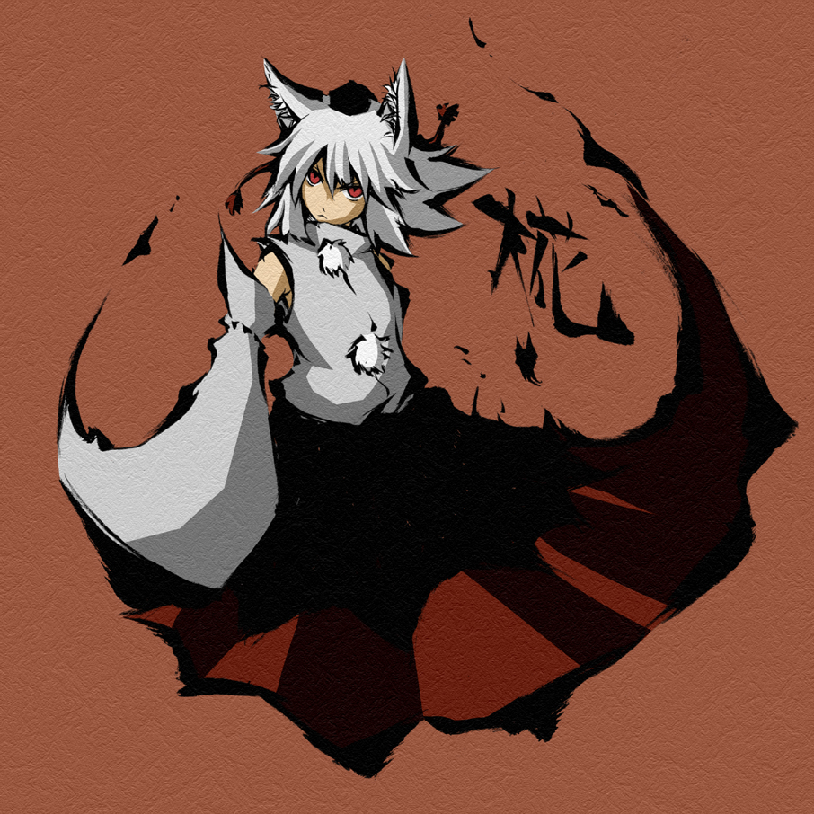 sukoburu maeda, inubashiri momiji, touhou, silver hair, bad id, bad pixiv id, 1girl, animal ears, character name, detached sleeves, female focus, hat, red eyes, simple background, solo, wolf ears