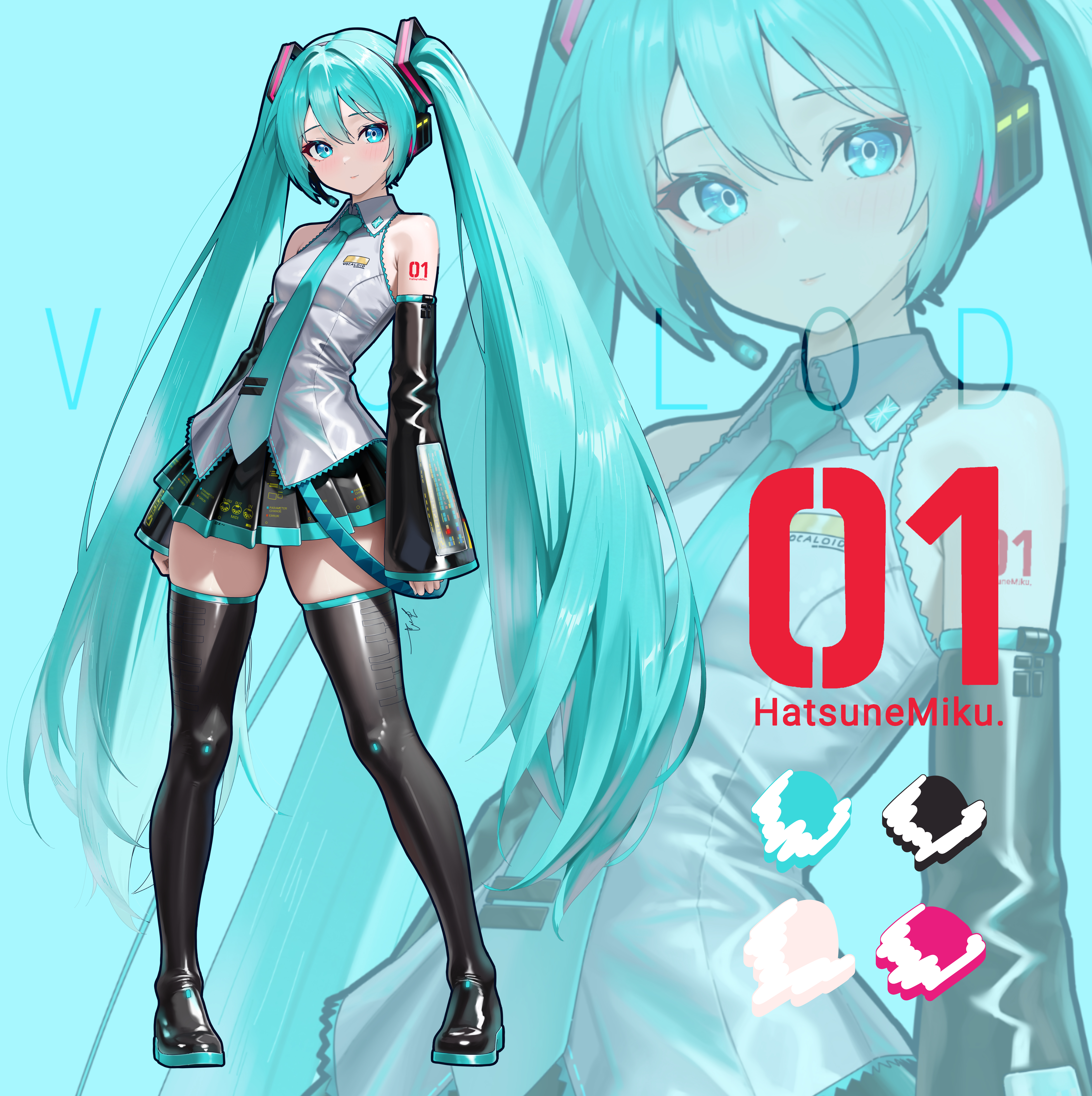 wuhe2233pz, hatsune miku, vocaloid, absurdres, highres, 1girl, aqua eyes, aqua hair, bare shoulders, blue necktie, boots, breasts, collared shirt, grey shirt, long hair, looking at viewer, necktie, pleated skirt, shirt, skindentation, skirt, small breasts, solo, thigh boots, twintails, very long hair