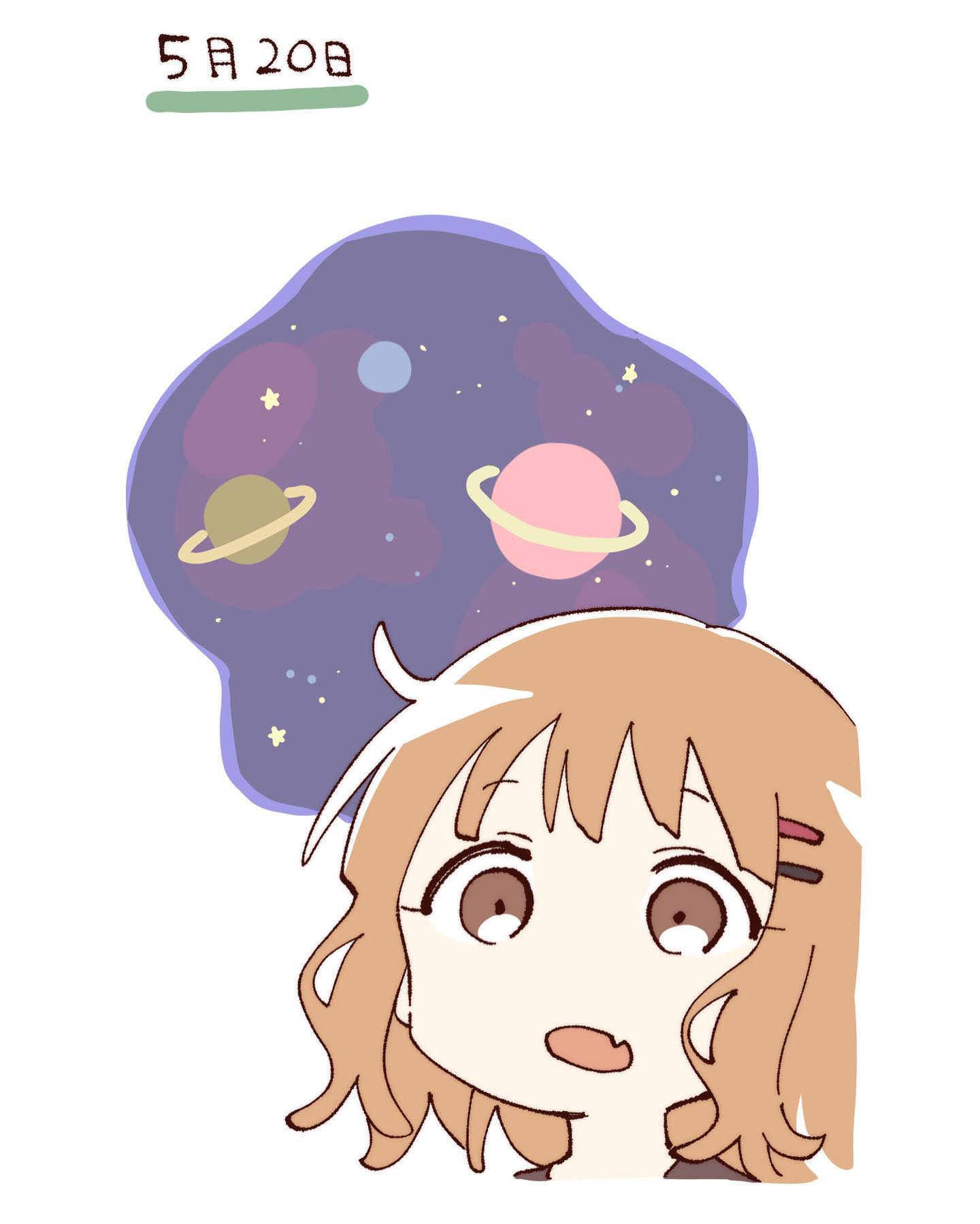 namori, oomuro sakurako, yuruyuri, hashtag-only commentary, highres, translation request, 1girl, brown eyes, brown hair, fang, hair ornament, hairclip, open mouth, parallel hairclips, planet, short hair, simple background, skin fang, space, white background